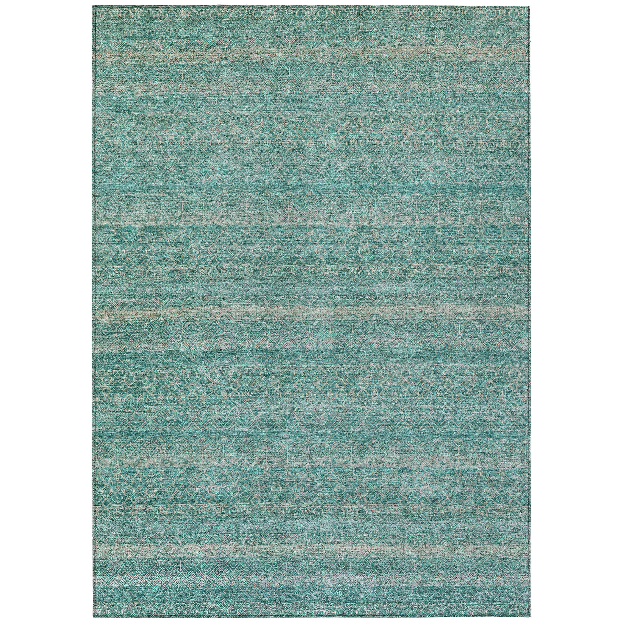 10' X 14' Teal Blue And Beige Striped Washable Indoor Outdoor Area Rug - Sports & Outdoor