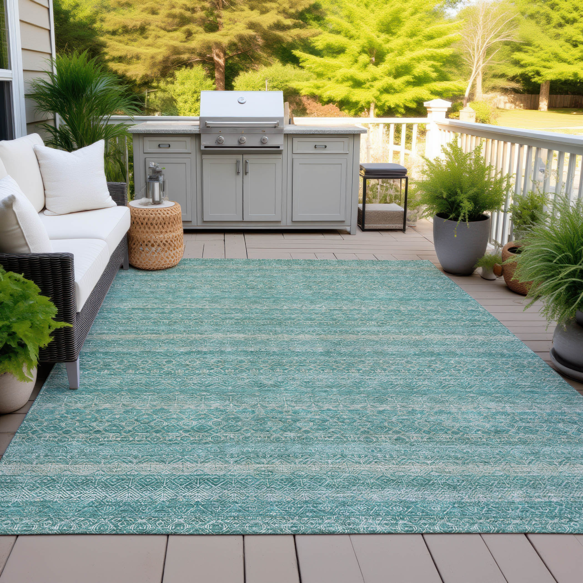 10' X 14' Teal Blue And Beige Striped Washable Indoor Outdoor Area Rug - Sports & Outdoor