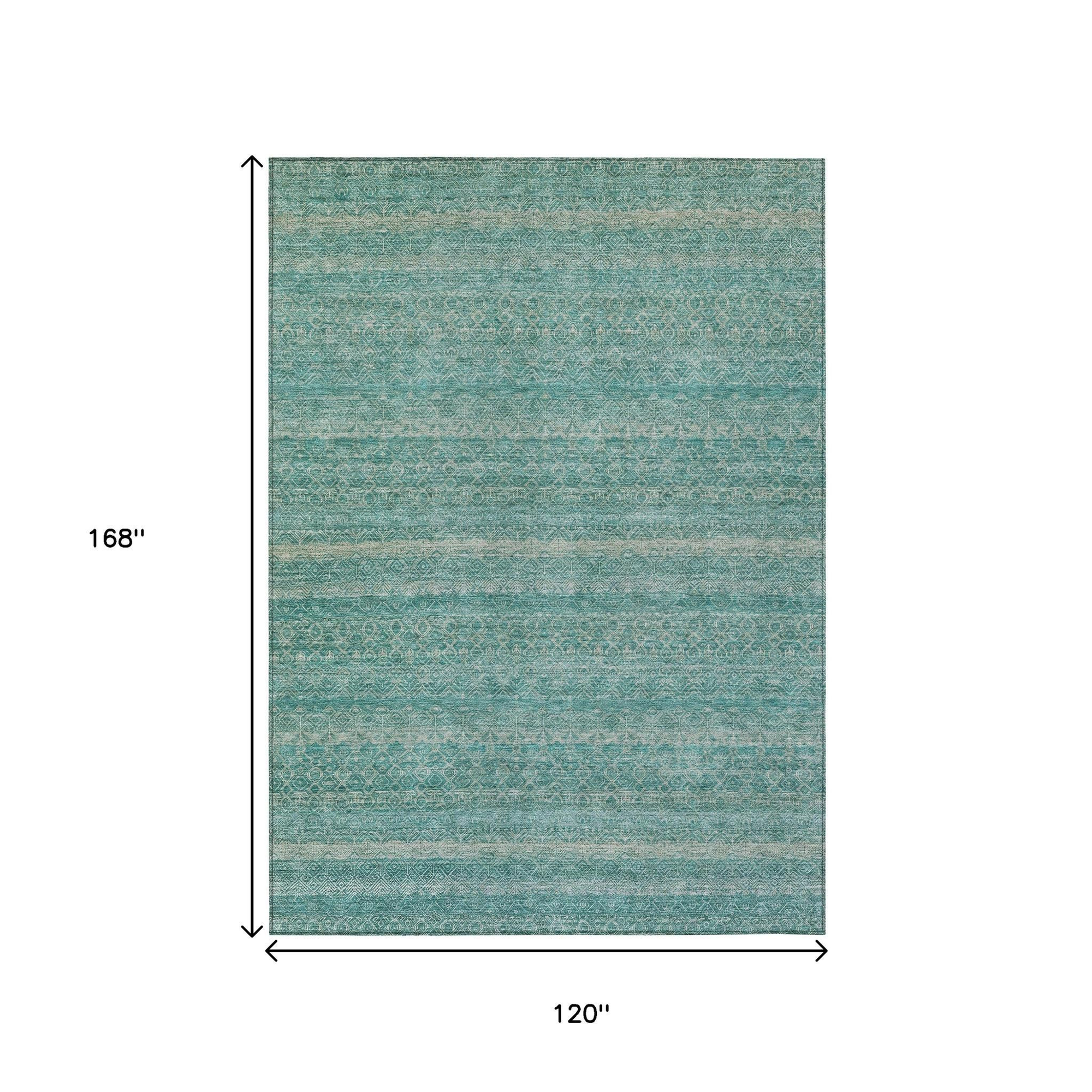 10' X 14' Teal Blue And Beige Striped Washable Indoor Outdoor Area Rug - Sports & Outdoor