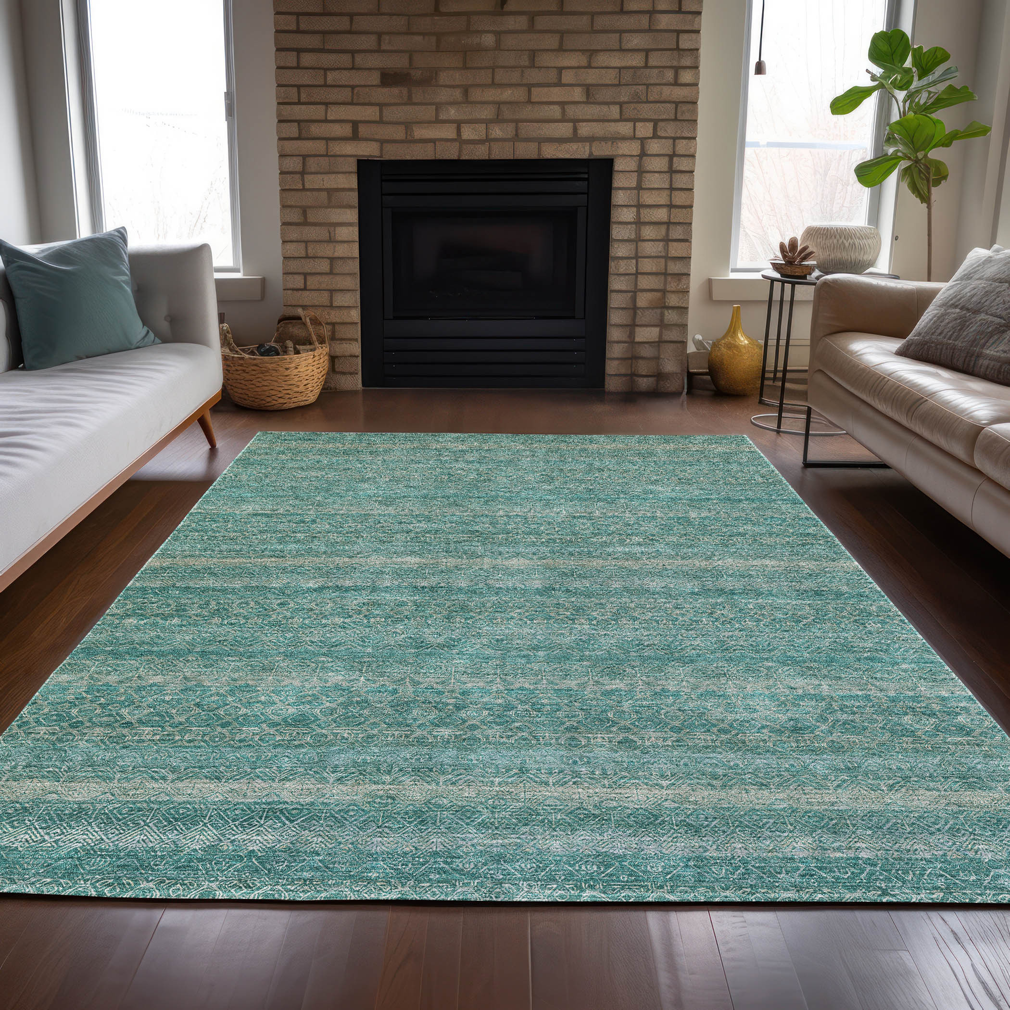 10' X 14' Teal Blue And Beige Striped Washable Indoor Outdoor Area Rug - Sports & Outdoor