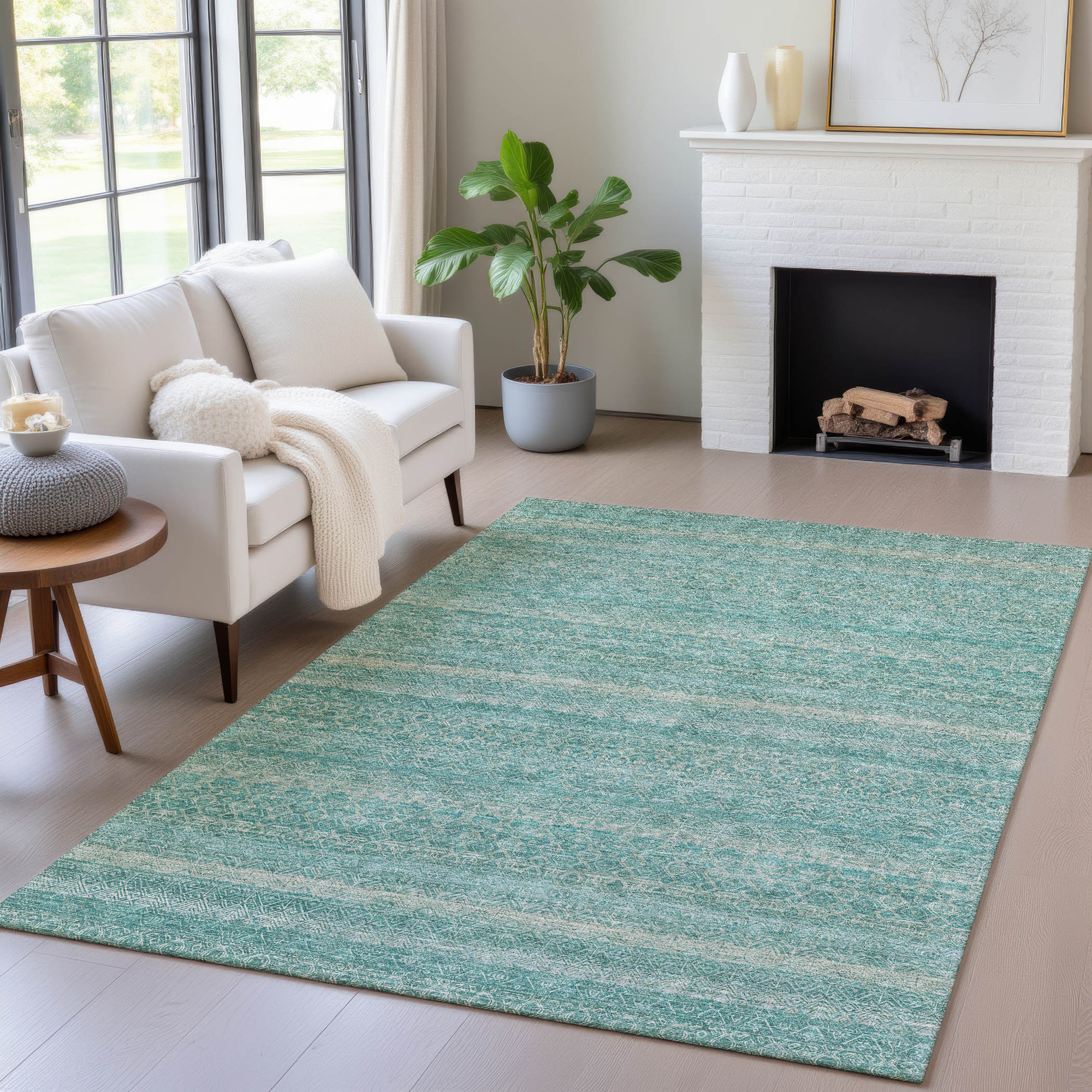 10' X 14' Teal Blue And Beige Striped Washable Indoor Outdoor Area Rug - Sports & Outdoor