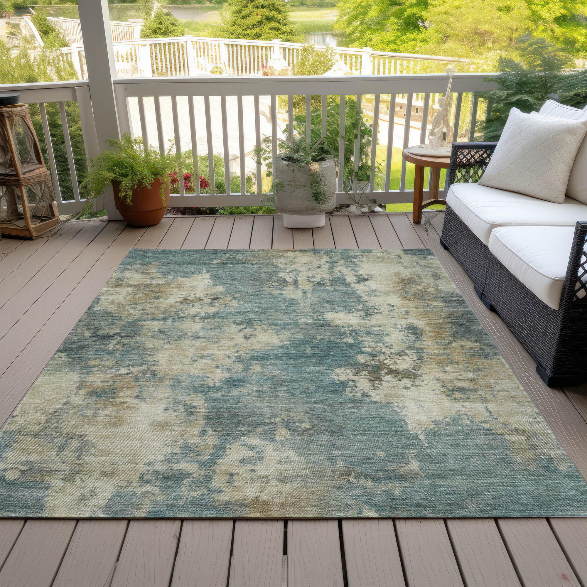 10' X 14' Teal Blue And Beige Abstract Washable Indoor Outdoor Area Rug - Sports & Outdoor