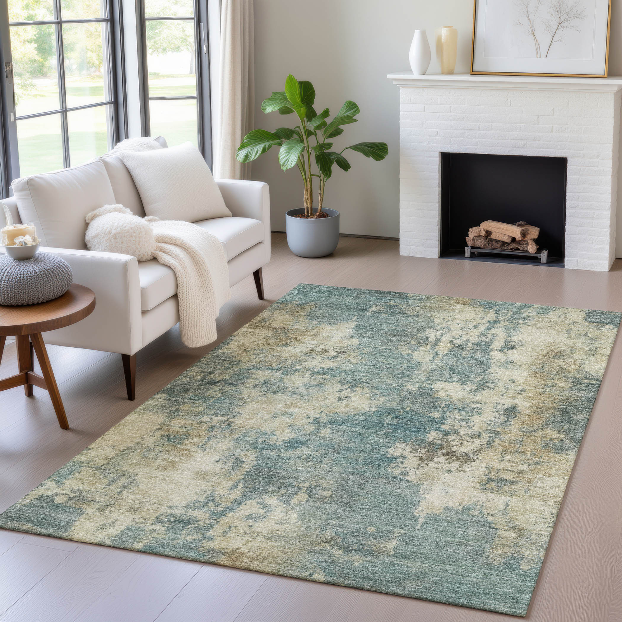 10' X 14' Teal Blue And Beige Abstract Washable Indoor Outdoor Area Rug - Sports & Outdoor