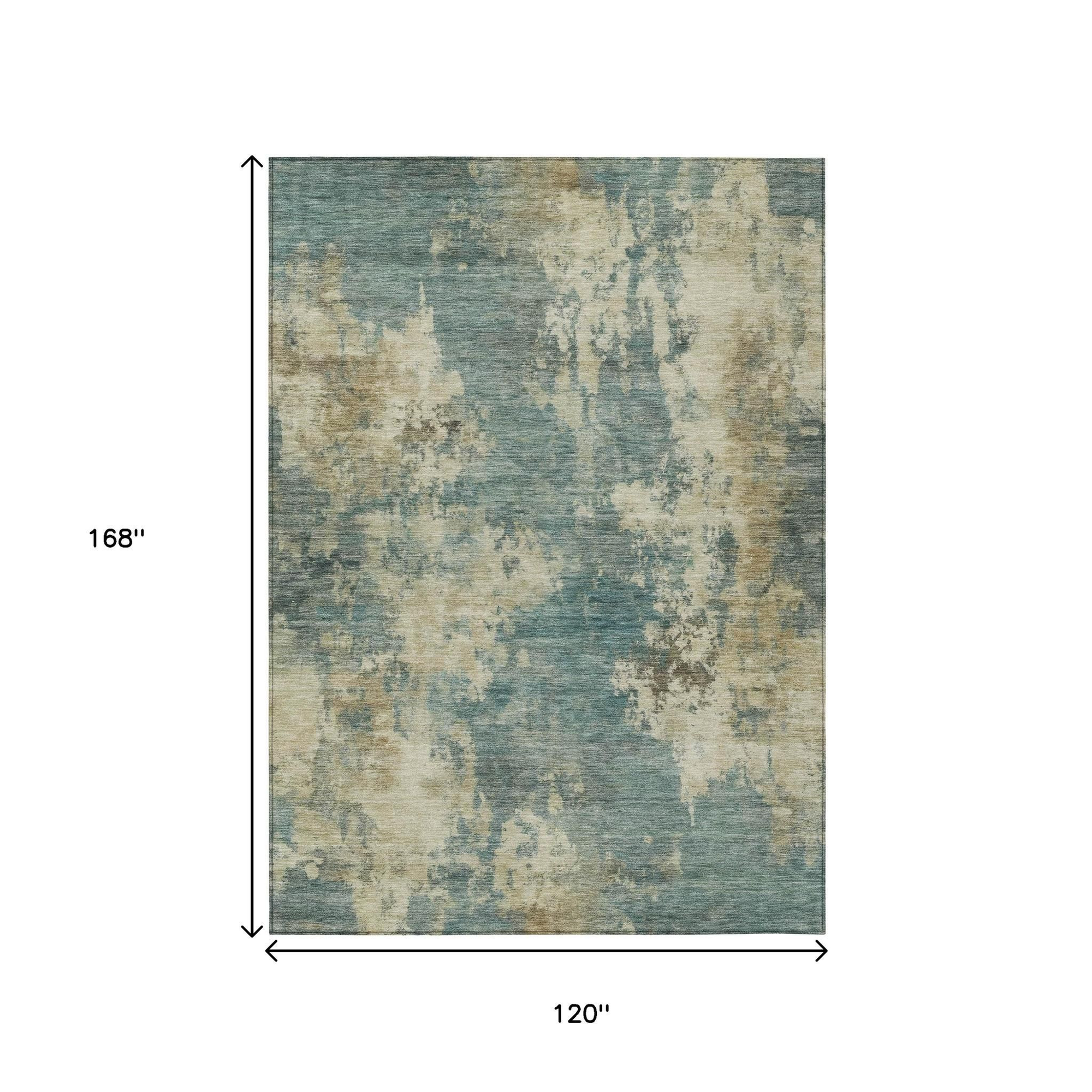 10' X 14' Teal Blue And Beige Abstract Washable Indoor Outdoor Area Rug - Sports & Outdoor