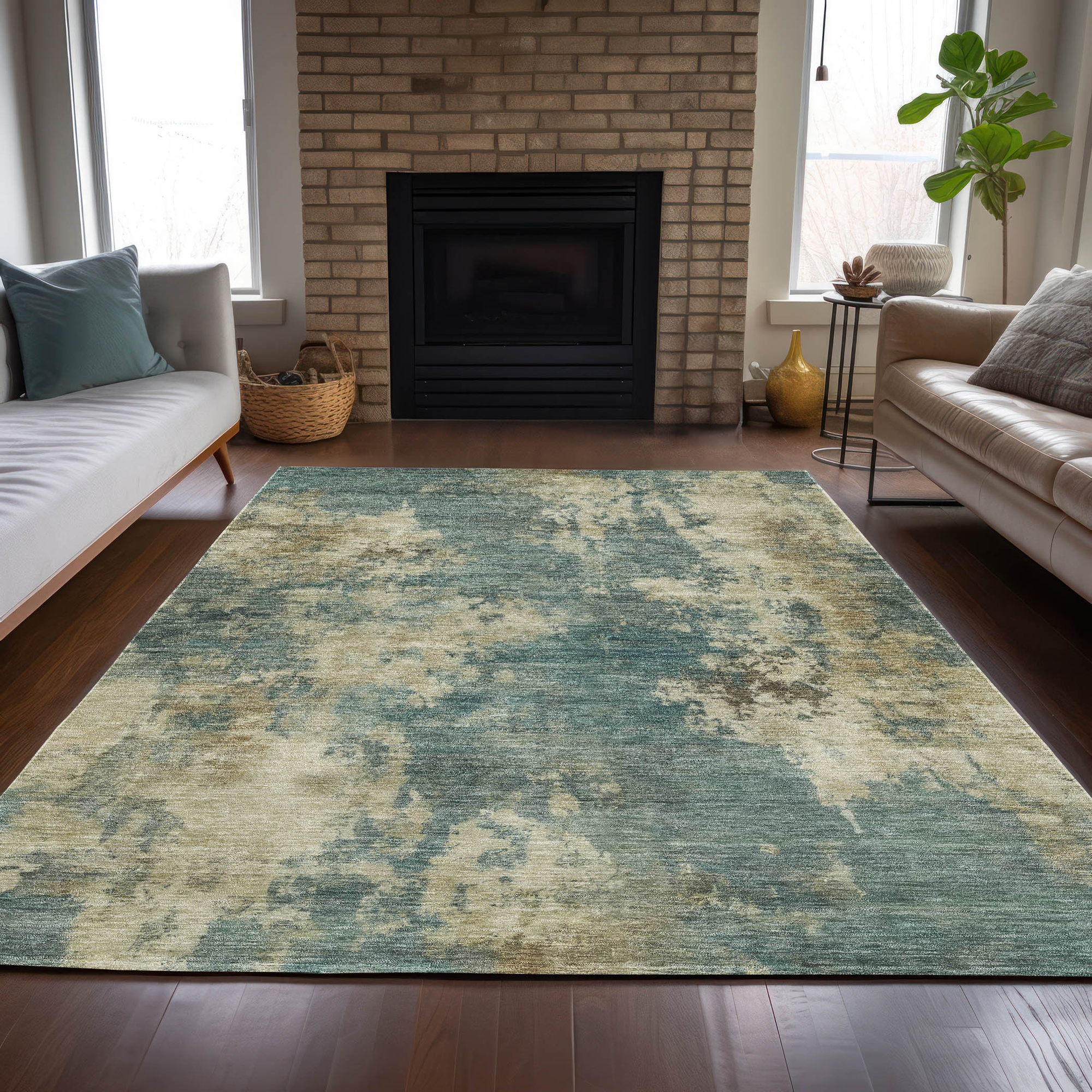 10' X 14' Teal Blue And Beige Abstract Washable Indoor Outdoor Area Rug - Sports & Outdoor