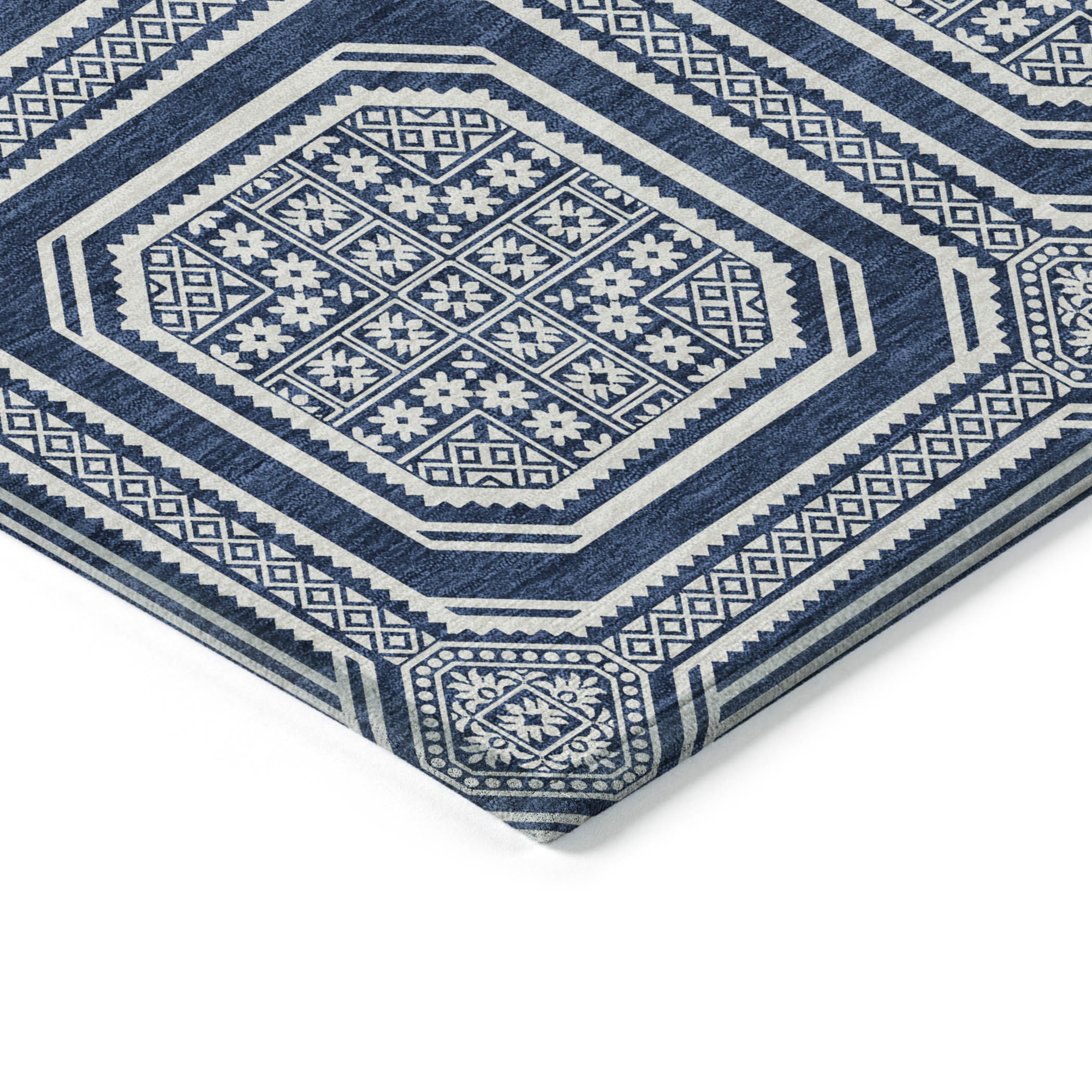 10' X 14' Navy Blue And Ivory Geometric Washable Indoor Outdoor Area Rug - Sports & Outdoor