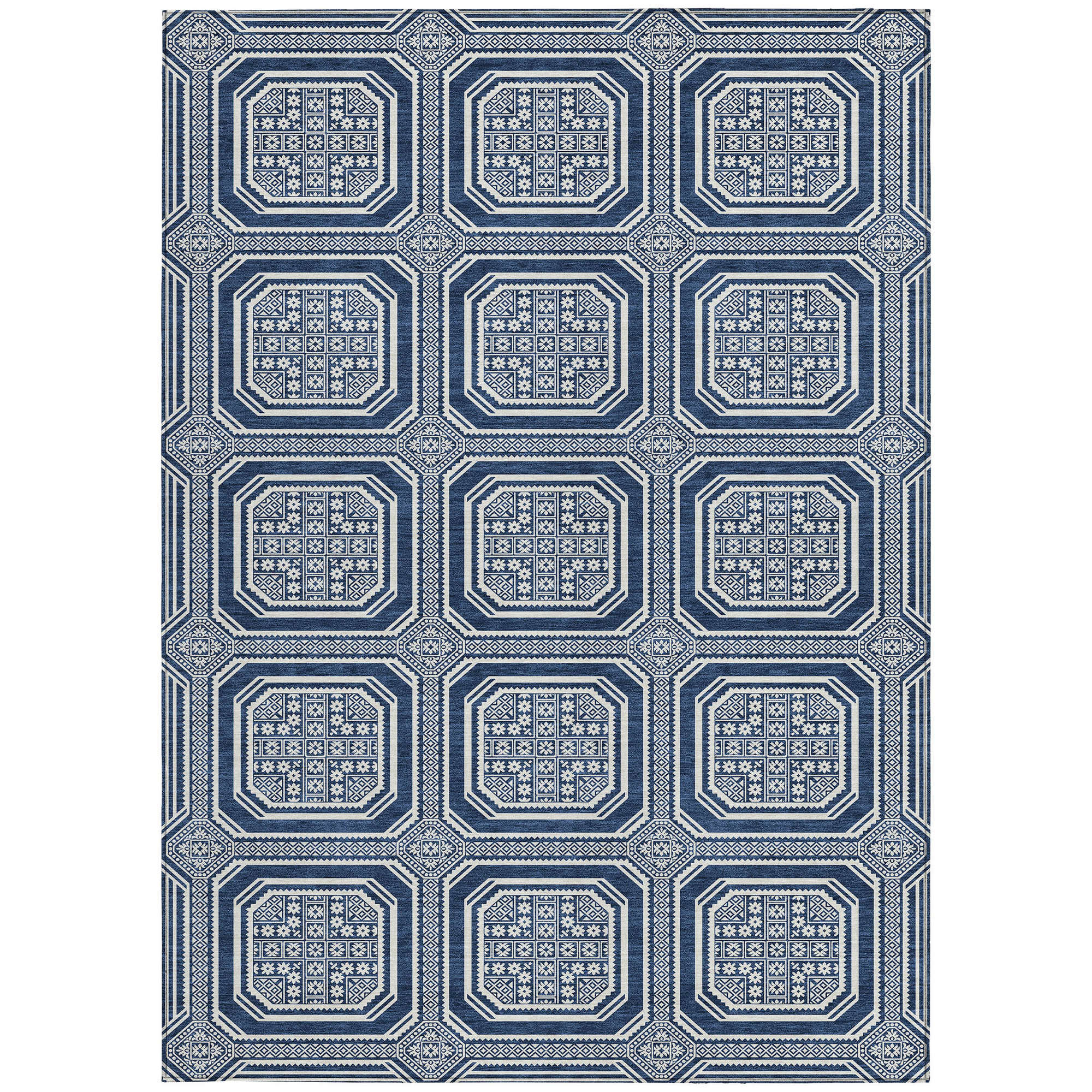 10' X 14' Navy Blue And Ivory Geometric Washable Indoor Outdoor Area Rug - Sports & Outdoor