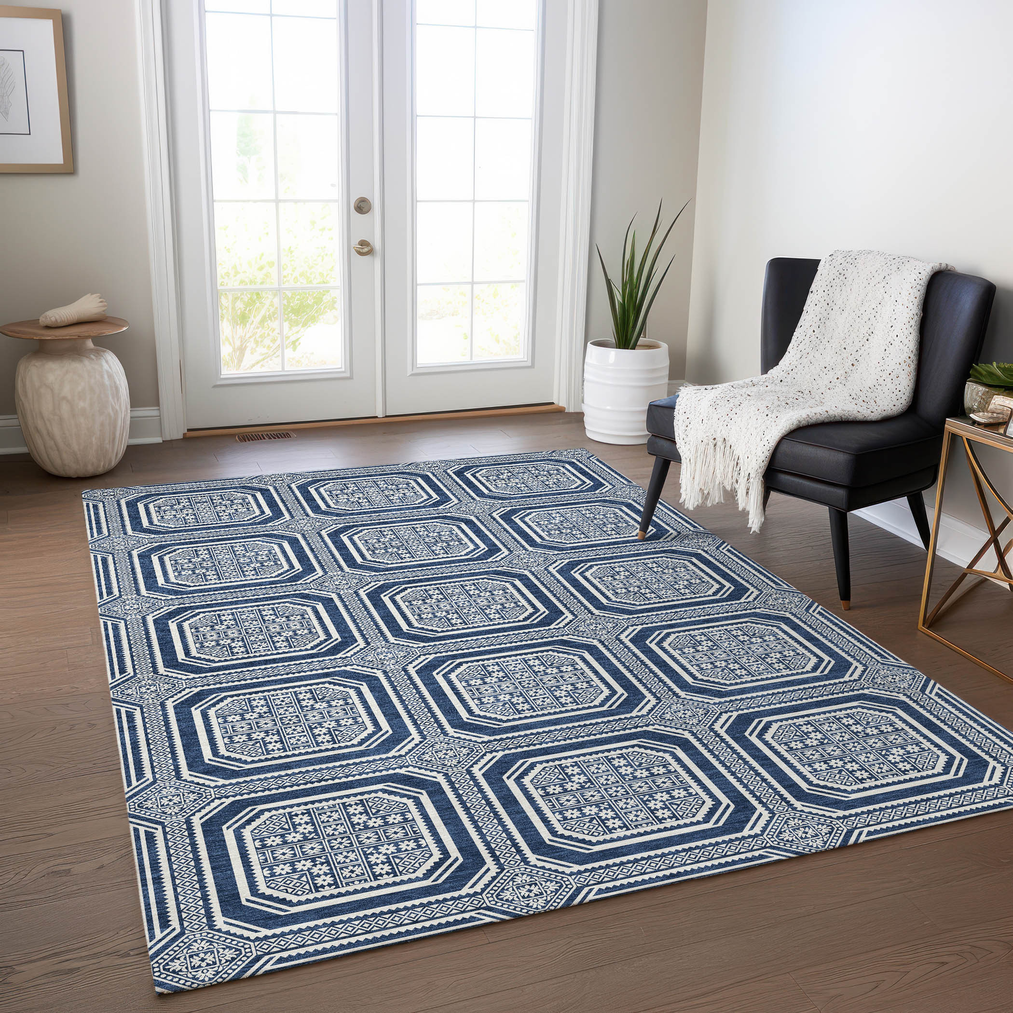 10' X 14' Navy Blue And Ivory Geometric Washable Indoor Outdoor Area Rug - Sports & Outdoor