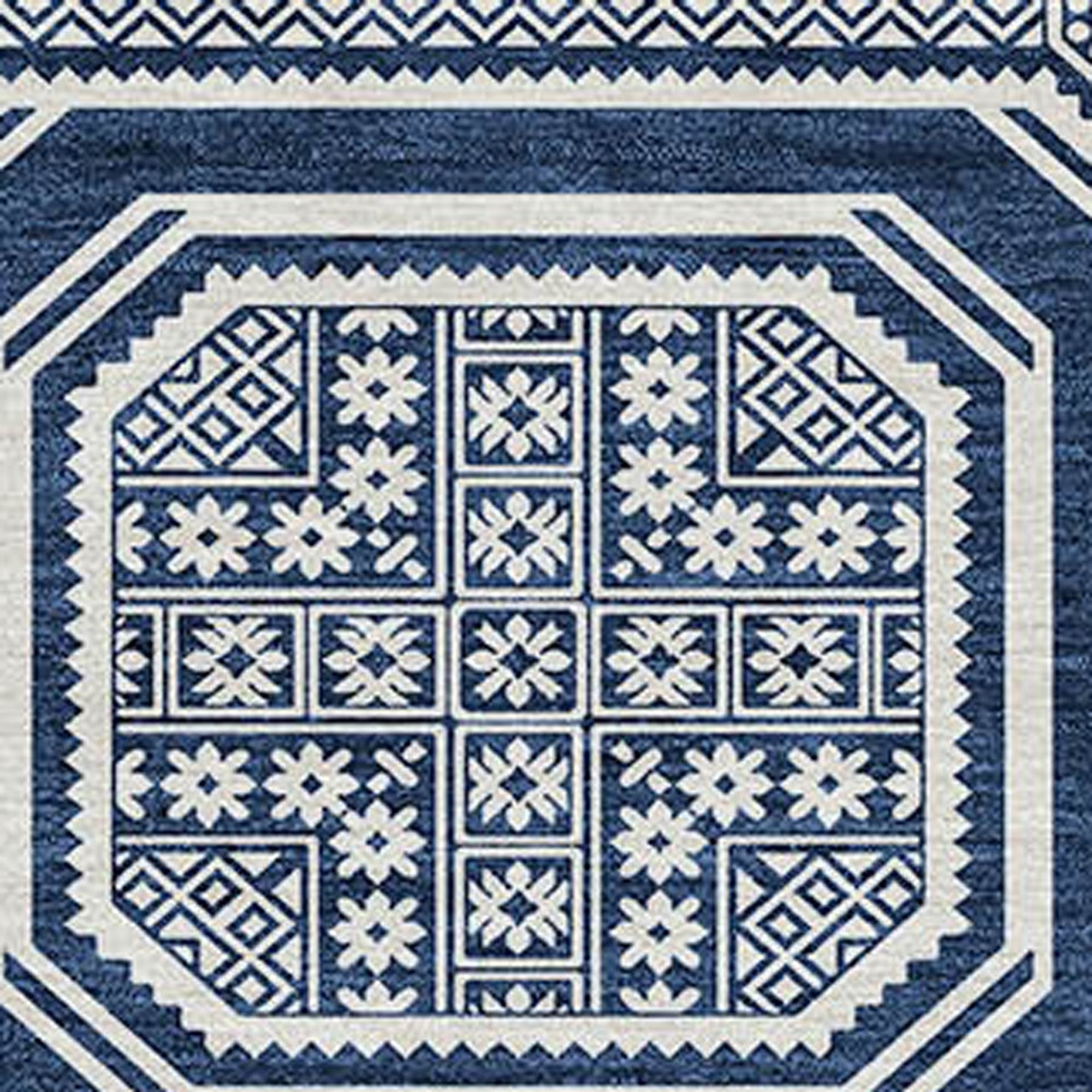 10' X 14' Navy Blue And Ivory Geometric Washable Indoor Outdoor Area Rug - Sports & Outdoor