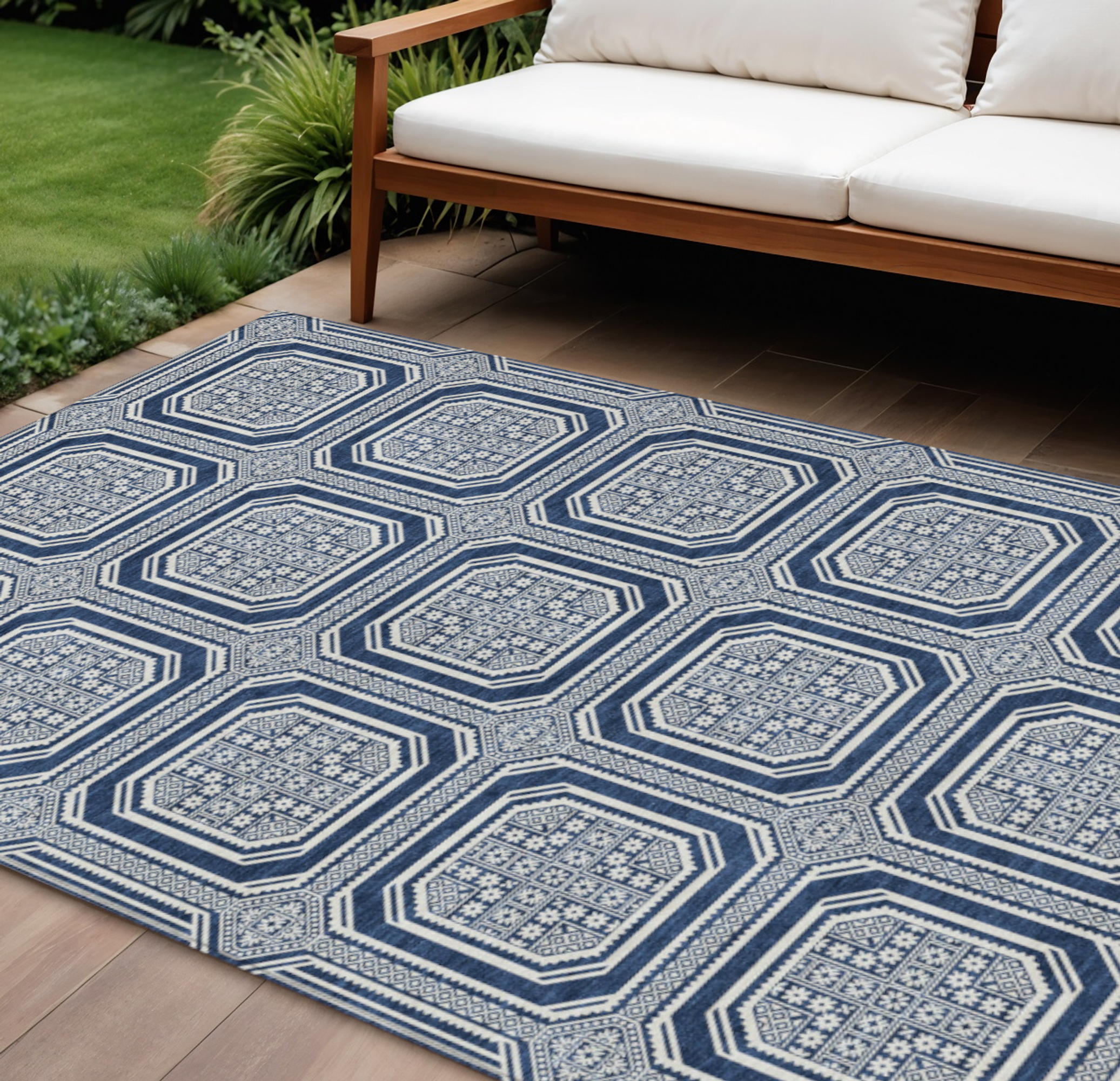 10' X 14' Navy Blue And Ivory Geometric Washable Indoor Outdoor Area Rug - Sports & Outdoor