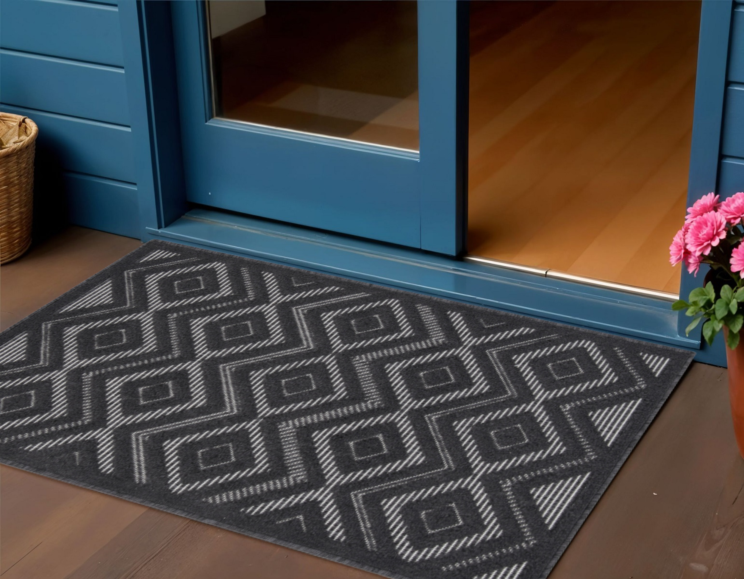 2' X 4' Charcoal And Black Geometric Indoor Outdoor Area Rug - Sports & Outdoor
