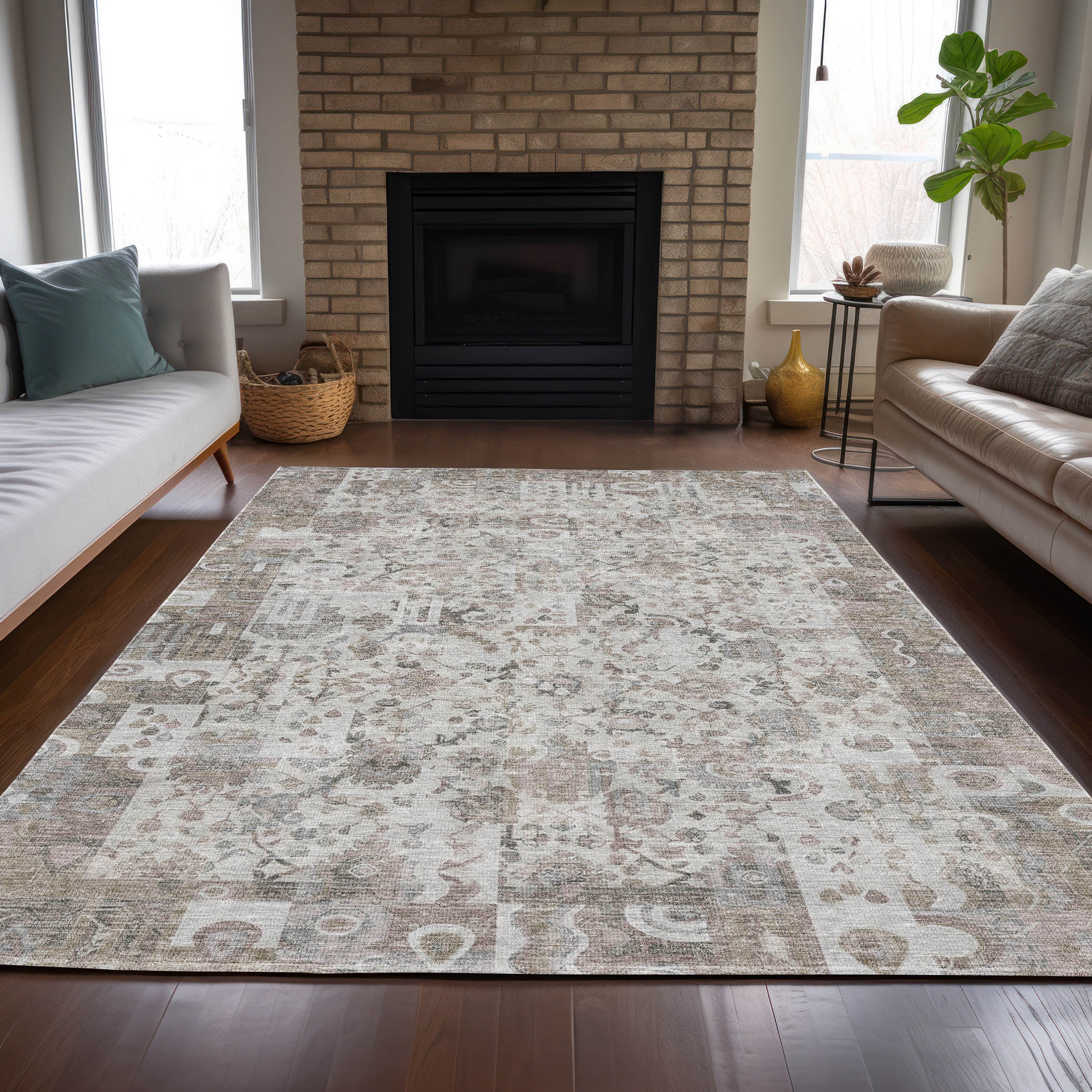 10' X 14' Taupe And Ivory Patchwork Washable Indoor Outdoor Area Rug - Sports & Outdoor