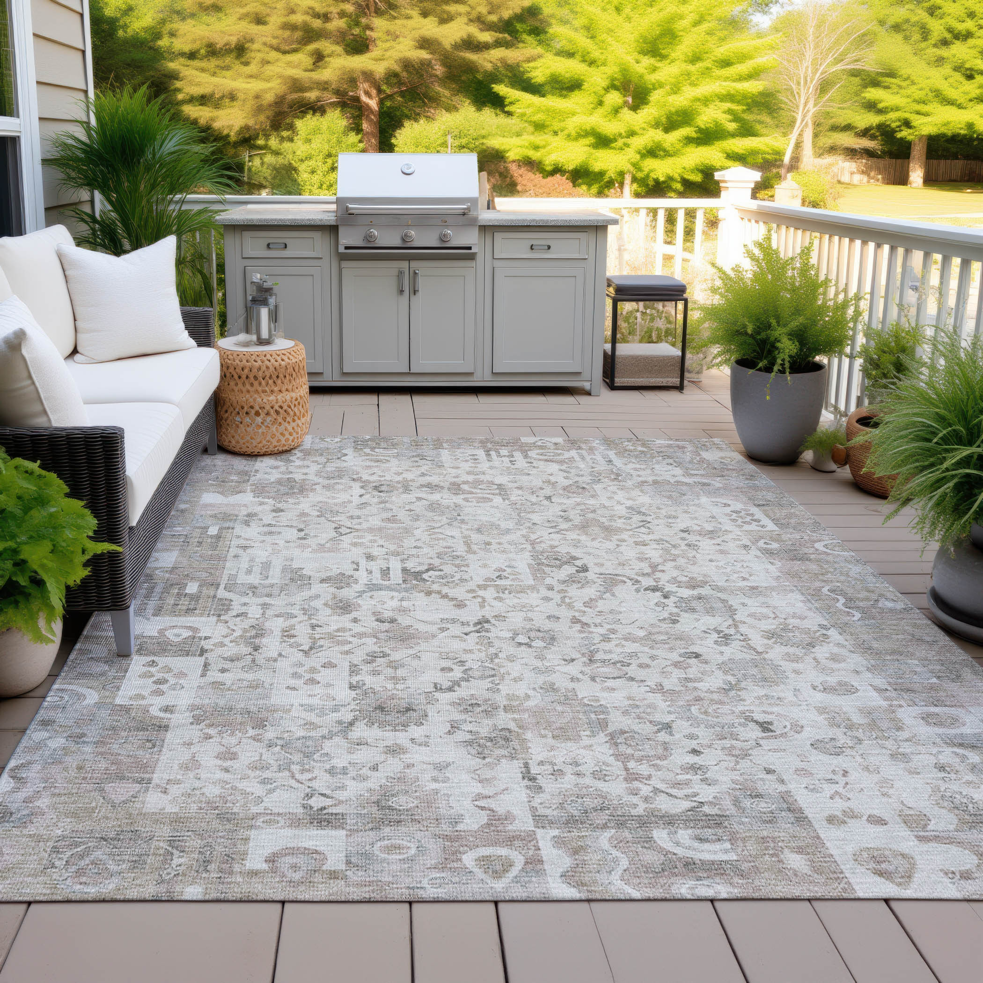 10' X 14' Taupe And Ivory Patchwork Washable Indoor Outdoor Area Rug - Sports & Outdoor