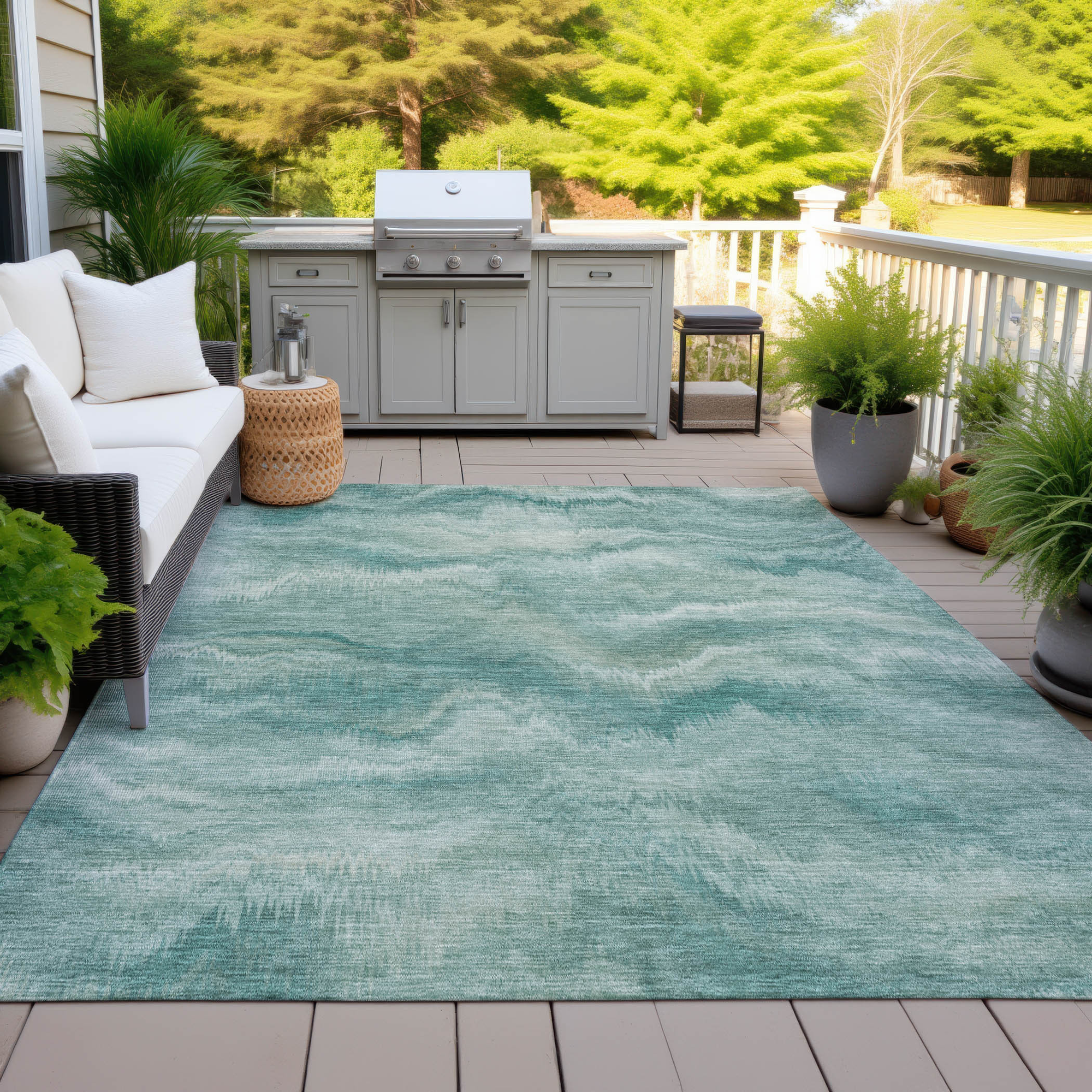 10' X 14' Teal Blue And Ivory Abstract Washable Indoor Outdoor Area Rug - Sports & Outdoor