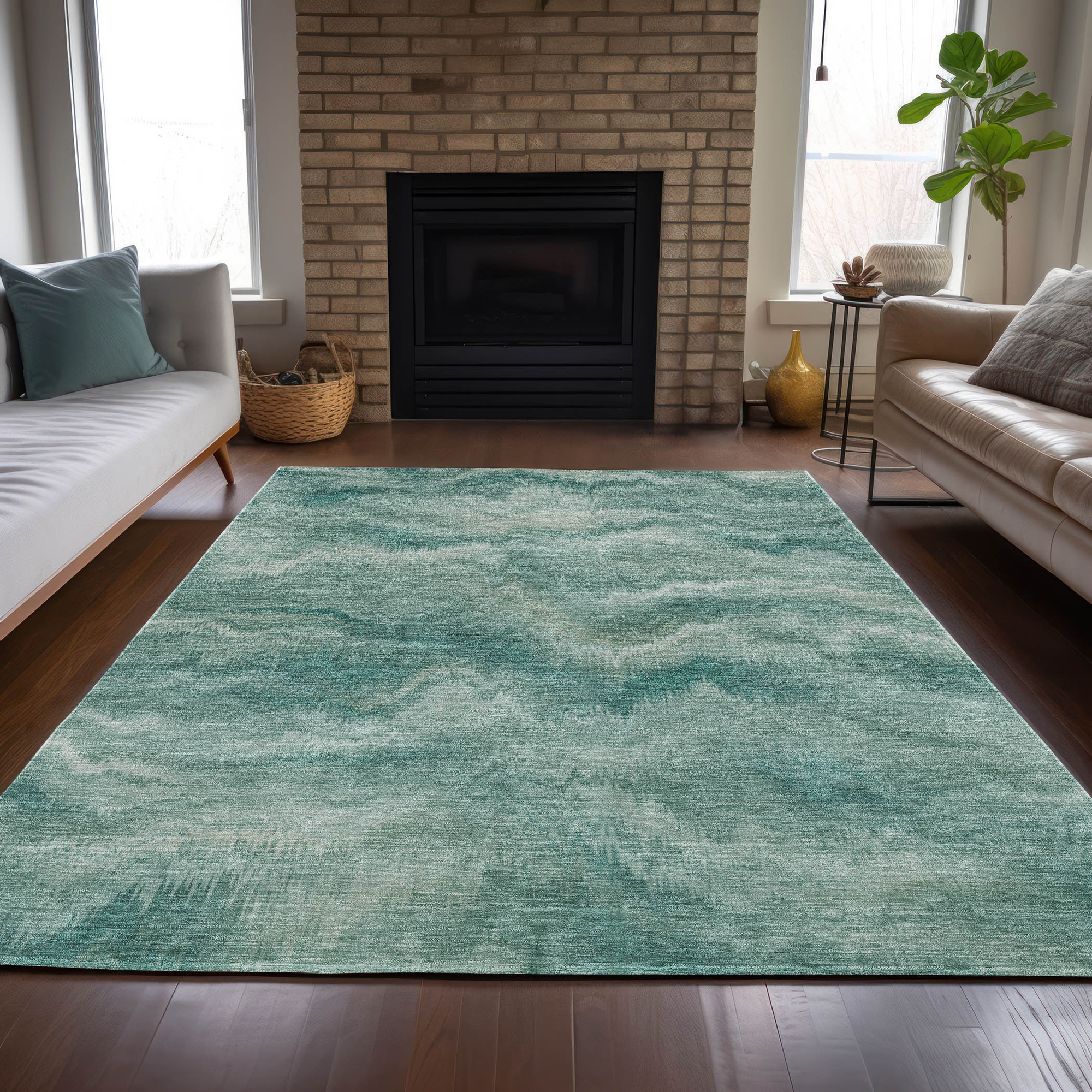 10' X 14' Teal Blue And Ivory Abstract Washable Indoor Outdoor Area Rug - Sports & Outdoor