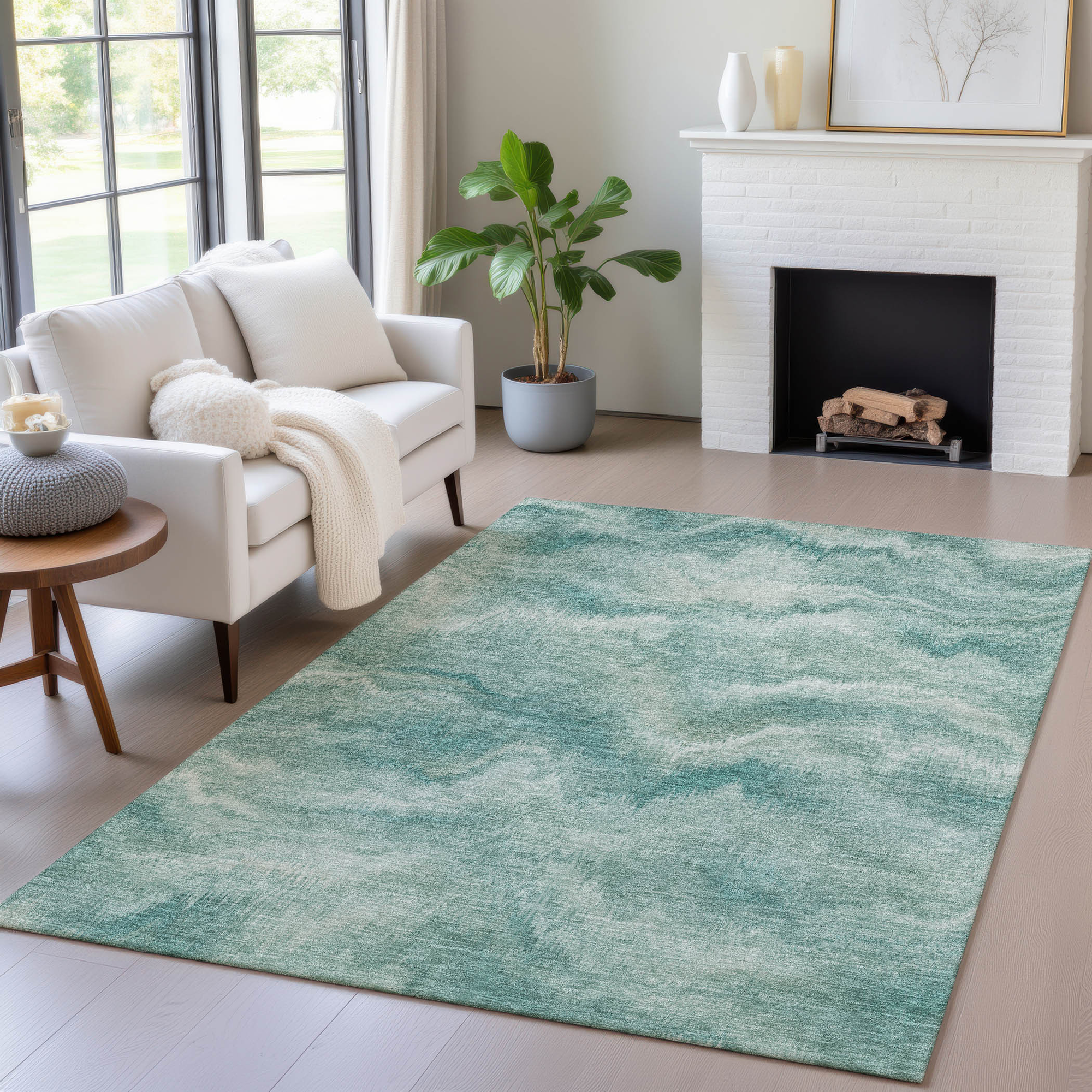10' X 14' Teal Blue And Ivory Abstract Washable Indoor Outdoor Area Rug - Sports & Outdoor