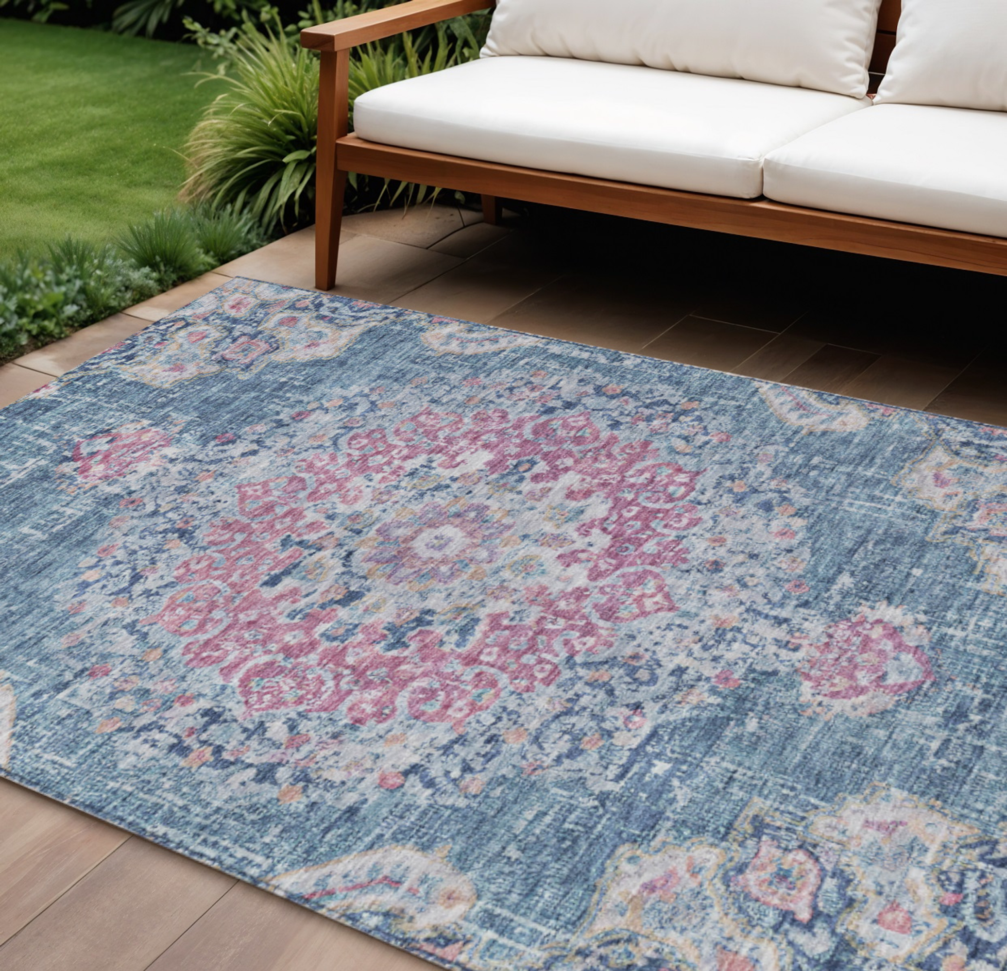 10' X 14' Blue Floral Medallion Washable Indoor Outdoor Area Rug - Sports & Outdoor
