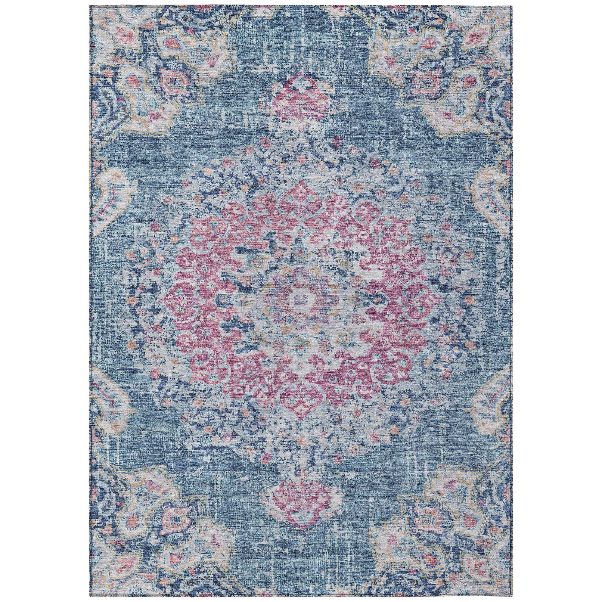 10' X 14' Blue Floral Medallion Washable Indoor Outdoor Area Rug - Sports & Outdoor