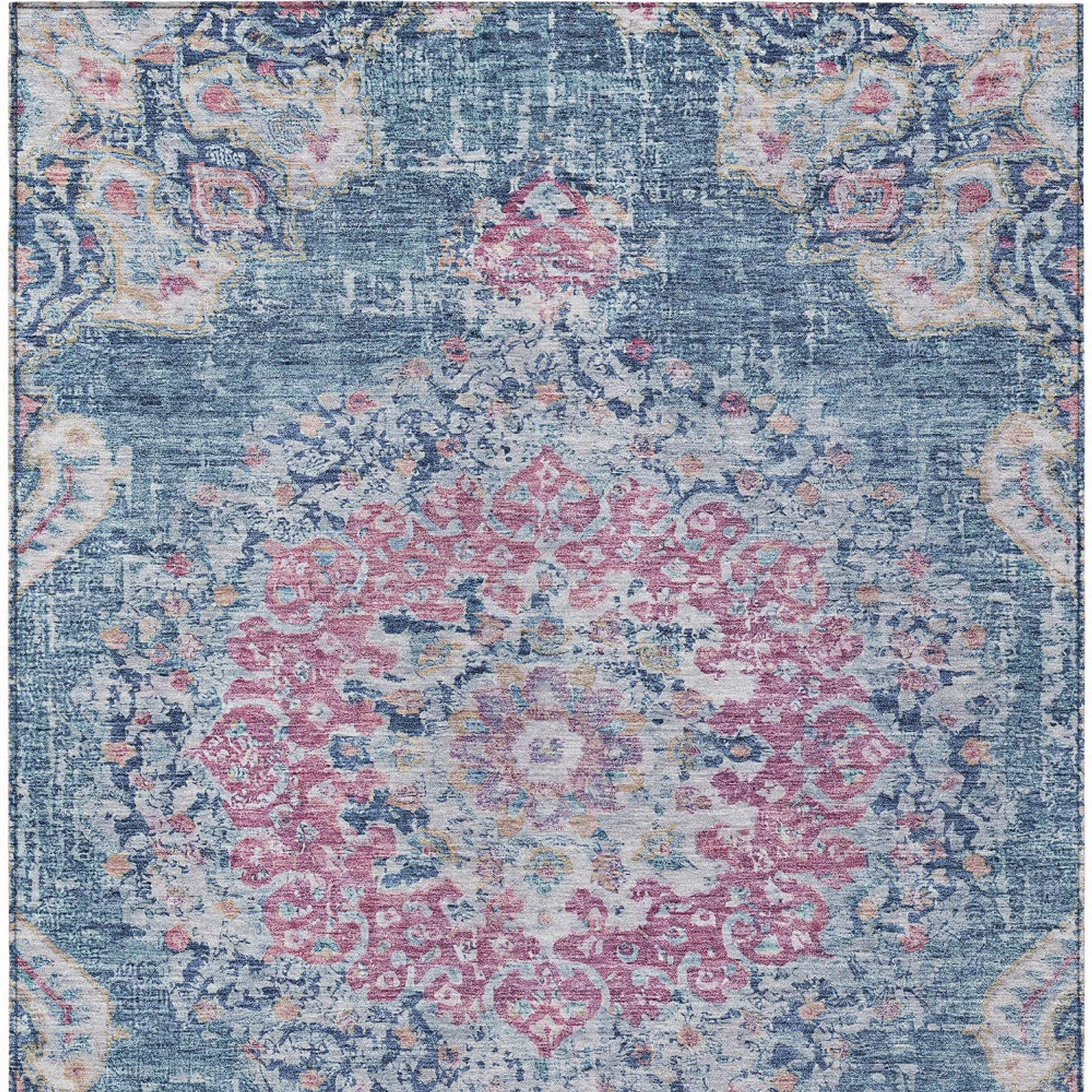 10' X 14' Blue Floral Medallion Washable Indoor Outdoor Area Rug - Sports & Outdoor