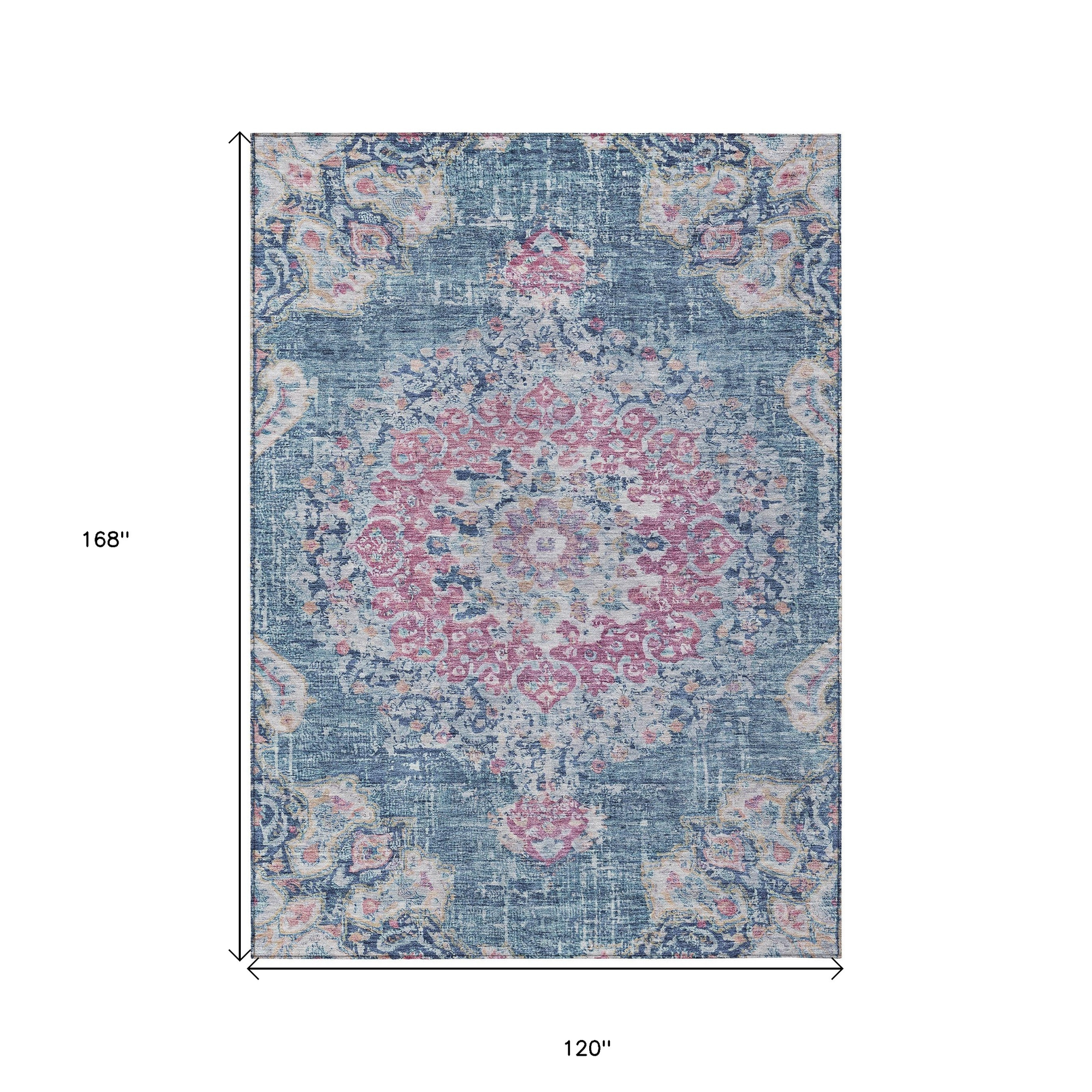 10' X 14' Blue Floral Medallion Washable Indoor Outdoor Area Rug - Sports & Outdoor