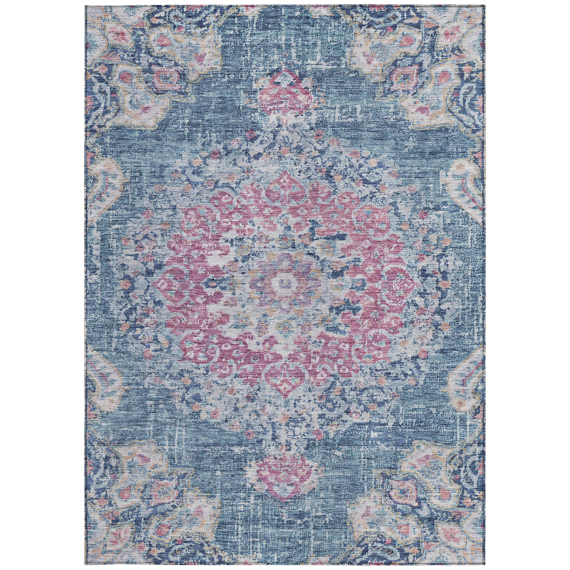 10' X 14' Blue Floral Medallion Washable Indoor Outdoor Area Rug - Sports & Outdoor