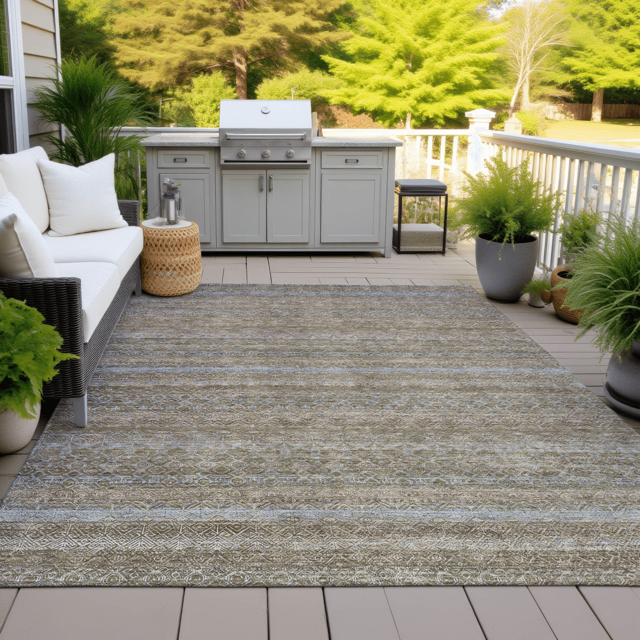 10' X 14' Brown And Denim Blue Striped Washable Indoor Outdoor Area Rug - Sports & Outdoor