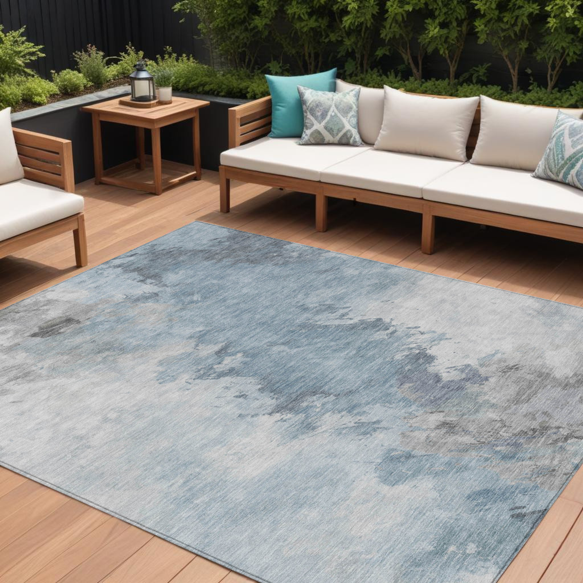 10' X 14' Sky Blue Gray And Ivory Abstract Washable Indoor Outdoor Area Rug - Sports & Outdoor