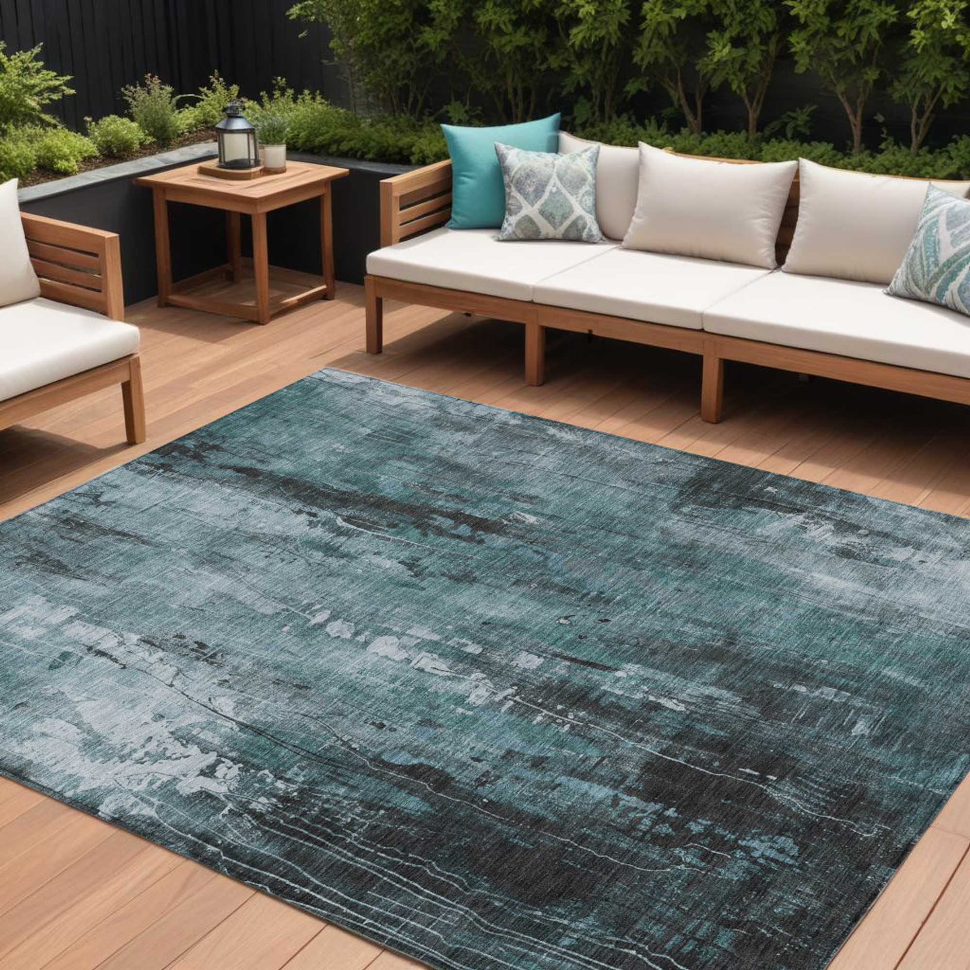 10' X 14' Teal Blue Gray And Ivory Abstract Washable Indoor Outdoor Area Rug - Sports & Outdoor
