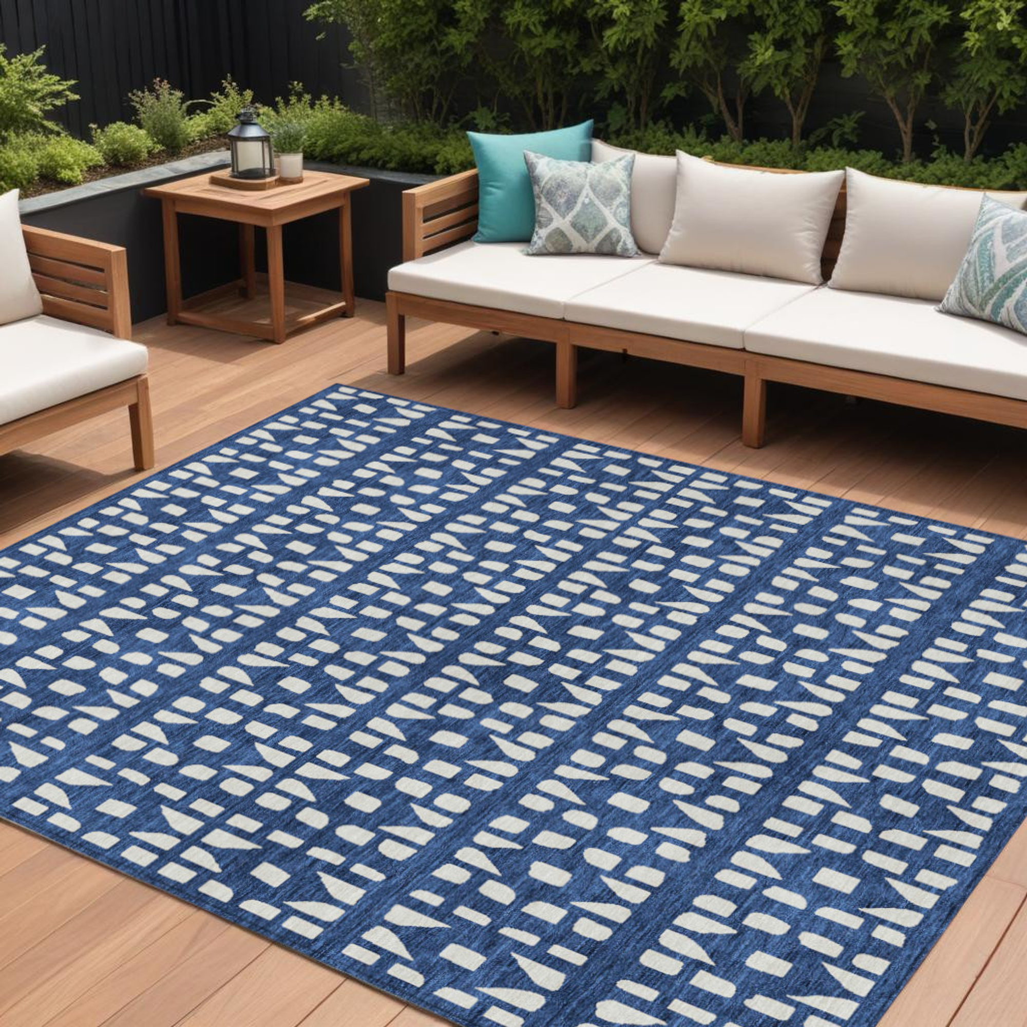 10' X 14' Navy Blue And Ivory Geometric Washable Indoor Outdoor Area Rug - Sports & Outdoor