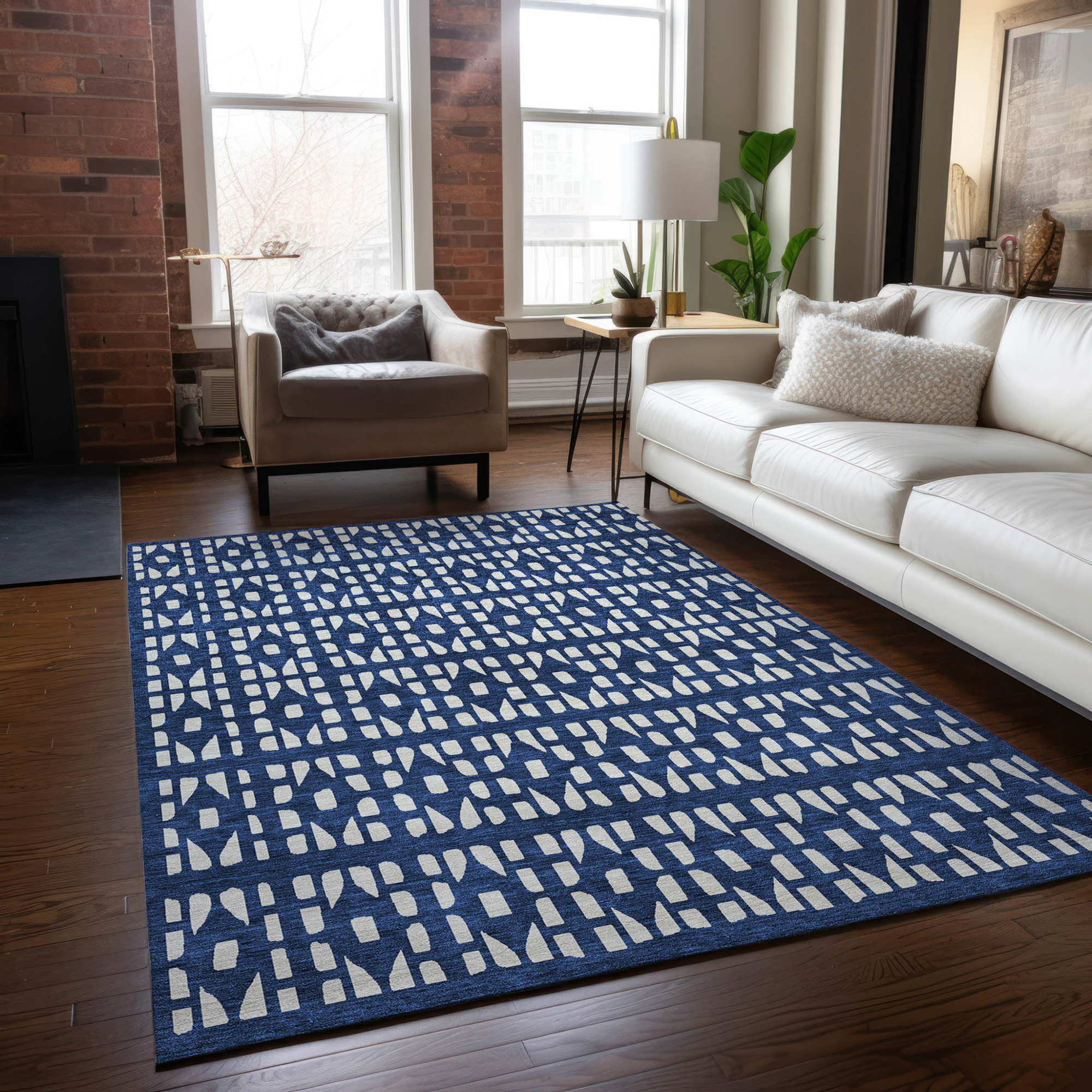 10' X 14' Navy Blue And Ivory Geometric Washable Indoor Outdoor Area Rug - Sports & Outdoor