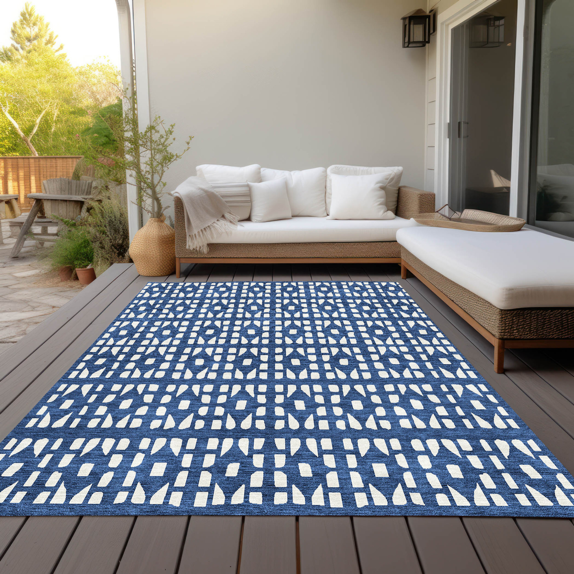 10' X 14' Navy Blue And Ivory Geometric Washable Indoor Outdoor Area Rug - Sports & Outdoor