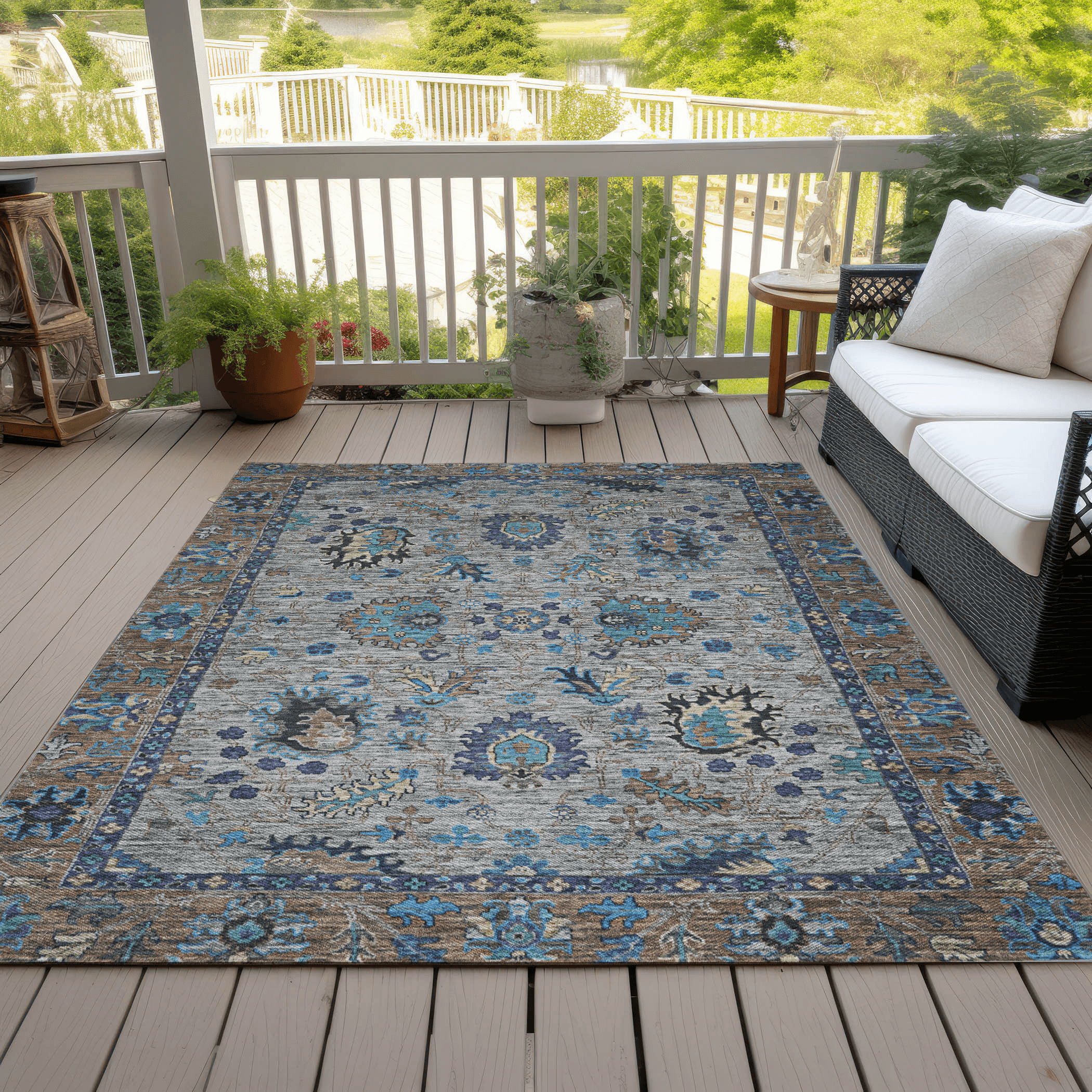 10' X 14' Pewter And Teal Blue Floral Washable Indoor Outdoor Area Rug - Sports & Outdoor