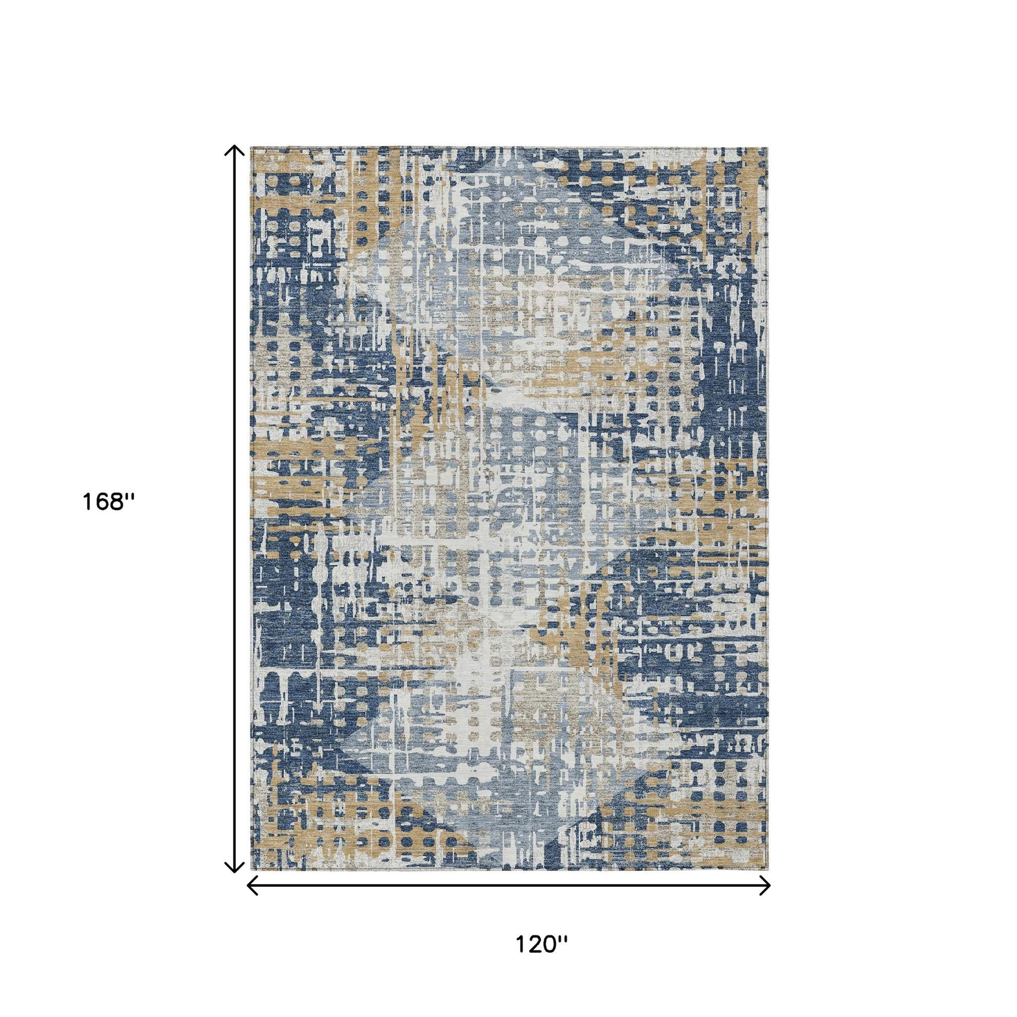 10' X 14' Navy Blue And Beige Geometric Washable Indoor Outdoor Area Rug - Sports & Outdoor