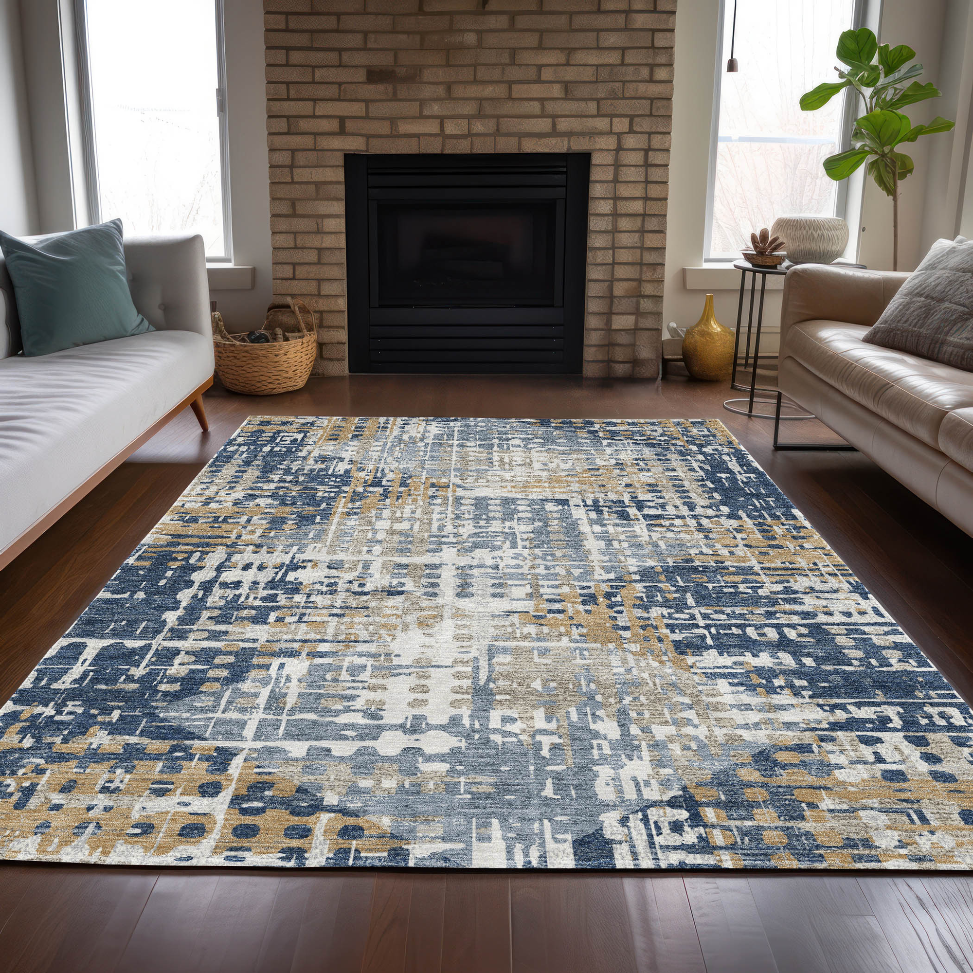 10' X 14' Navy Blue And Beige Geometric Washable Indoor Outdoor Area Rug - Sports & Outdoor