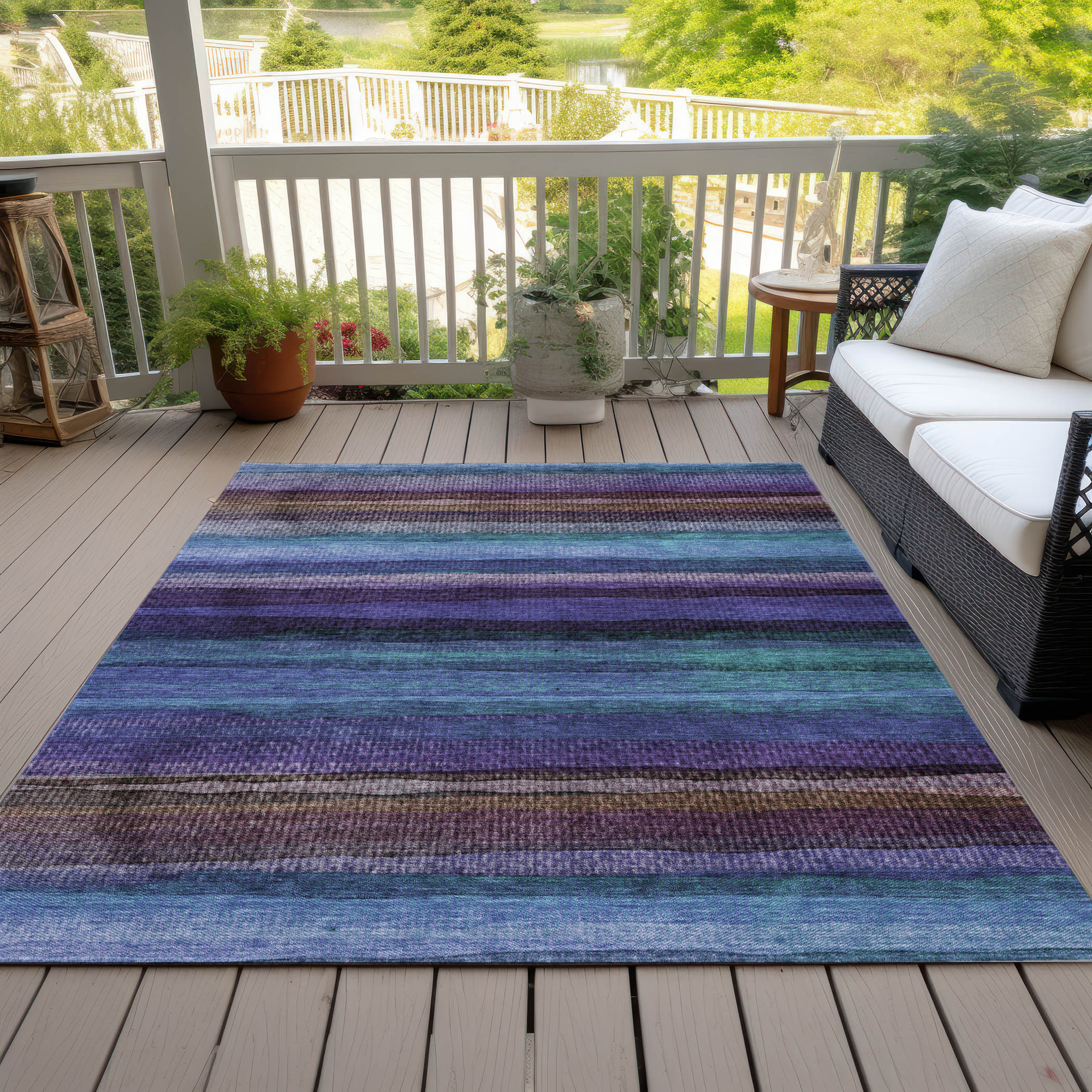 10' X 14' Blue Purple And Taupe Striped Washable Indoor Outdoor Area Rug - Sports & Outdoor