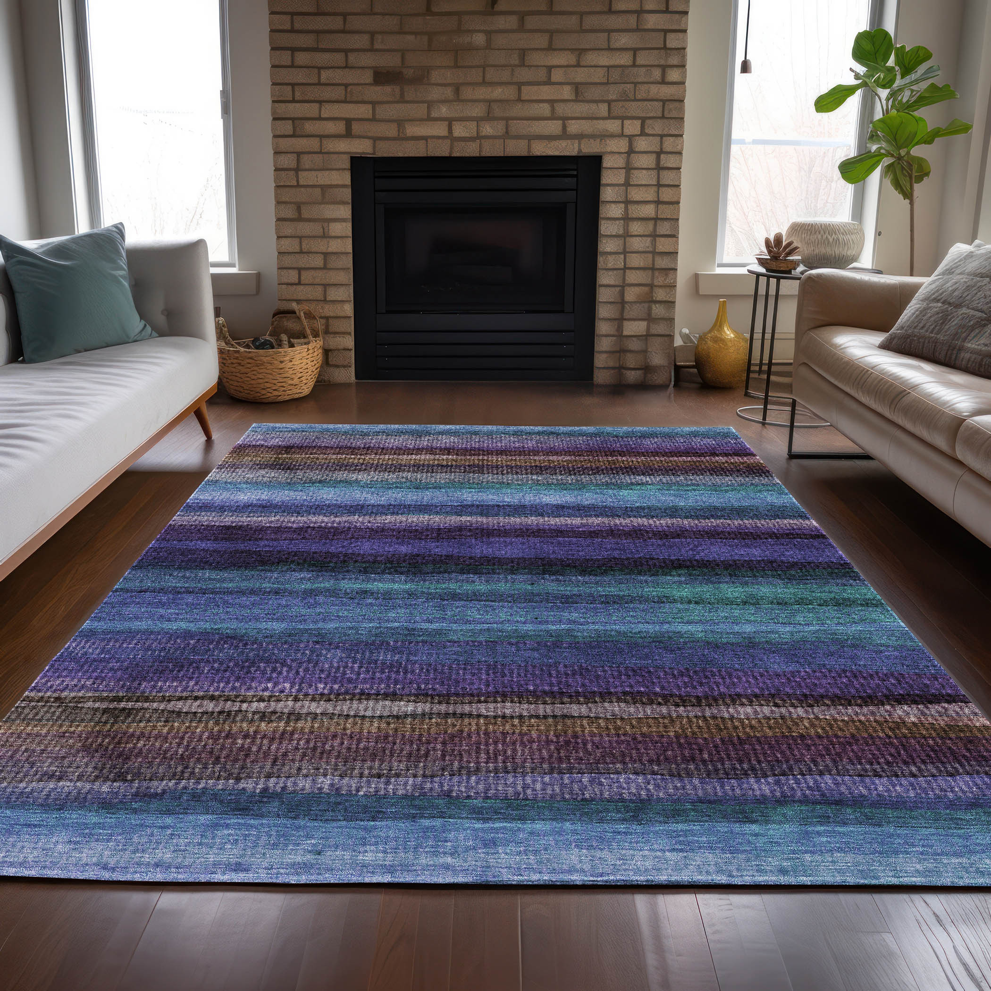 10' X 14' Blue Purple And Taupe Striped Washable Indoor Outdoor Area Rug - Sports & Outdoor