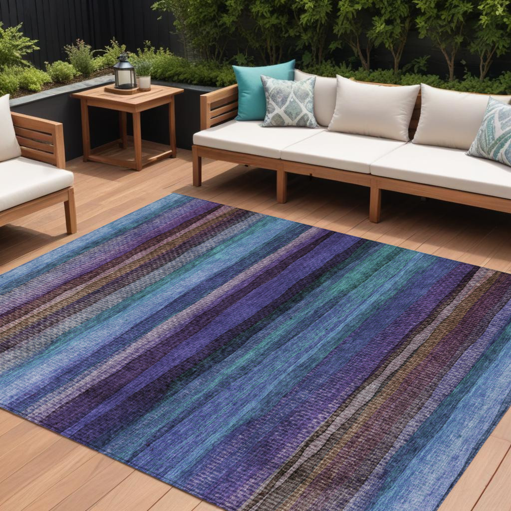 10' X 14' Blue Purple And Taupe Striped Washable Indoor Outdoor Area Rug - Sports & Outdoor