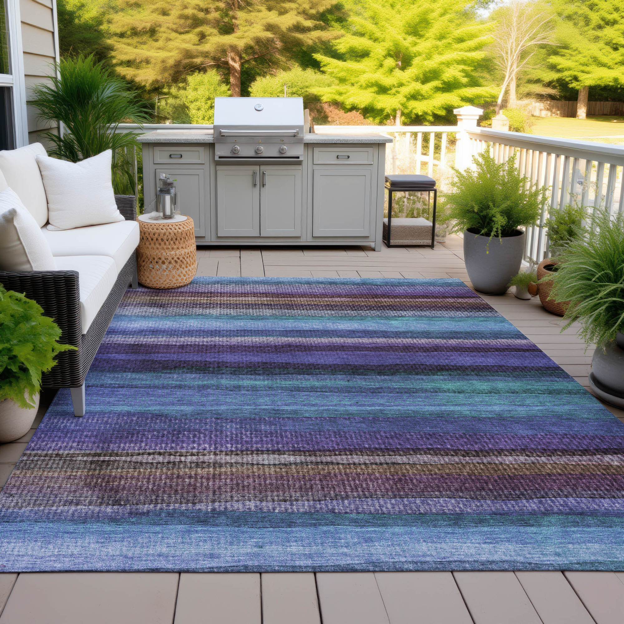 10' X 14' Blue Purple And Taupe Striped Washable Indoor Outdoor Area Rug - Sports & Outdoor