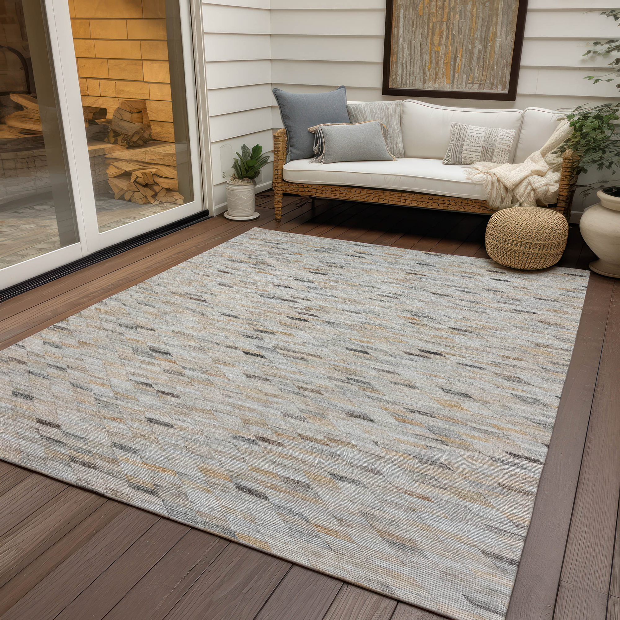 10' X 14' Linen And Gray Geometric Washable Indoor Outdoor Area Rug - Sports & Outdoor