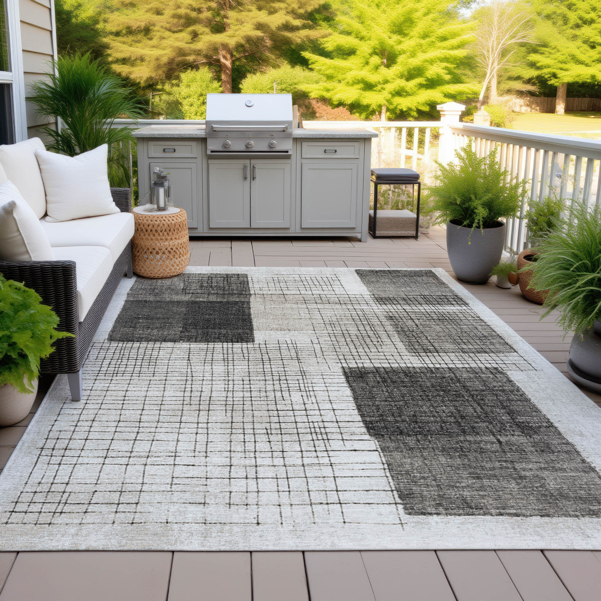 10' X 14' Ivory And Black Geometric Washable Indoor Outdoor Area Rug - Sports & Outdoor