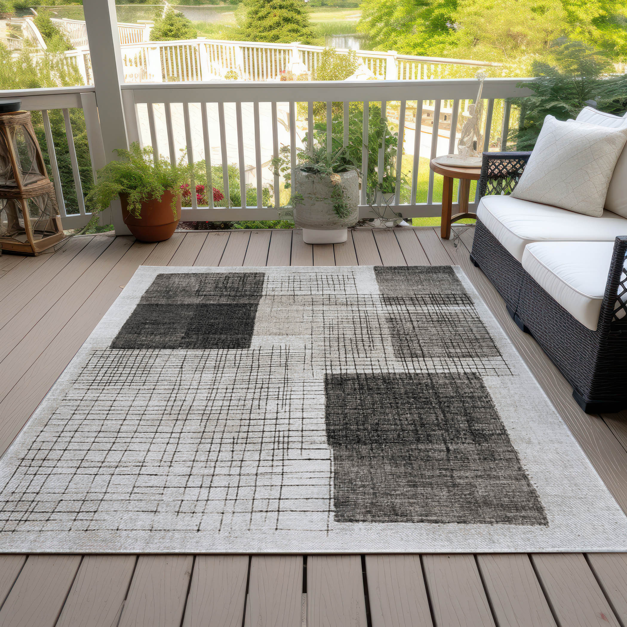 10' X 14' Ivory And Black Geometric Washable Indoor Outdoor Area Rug - Sports & Outdoor