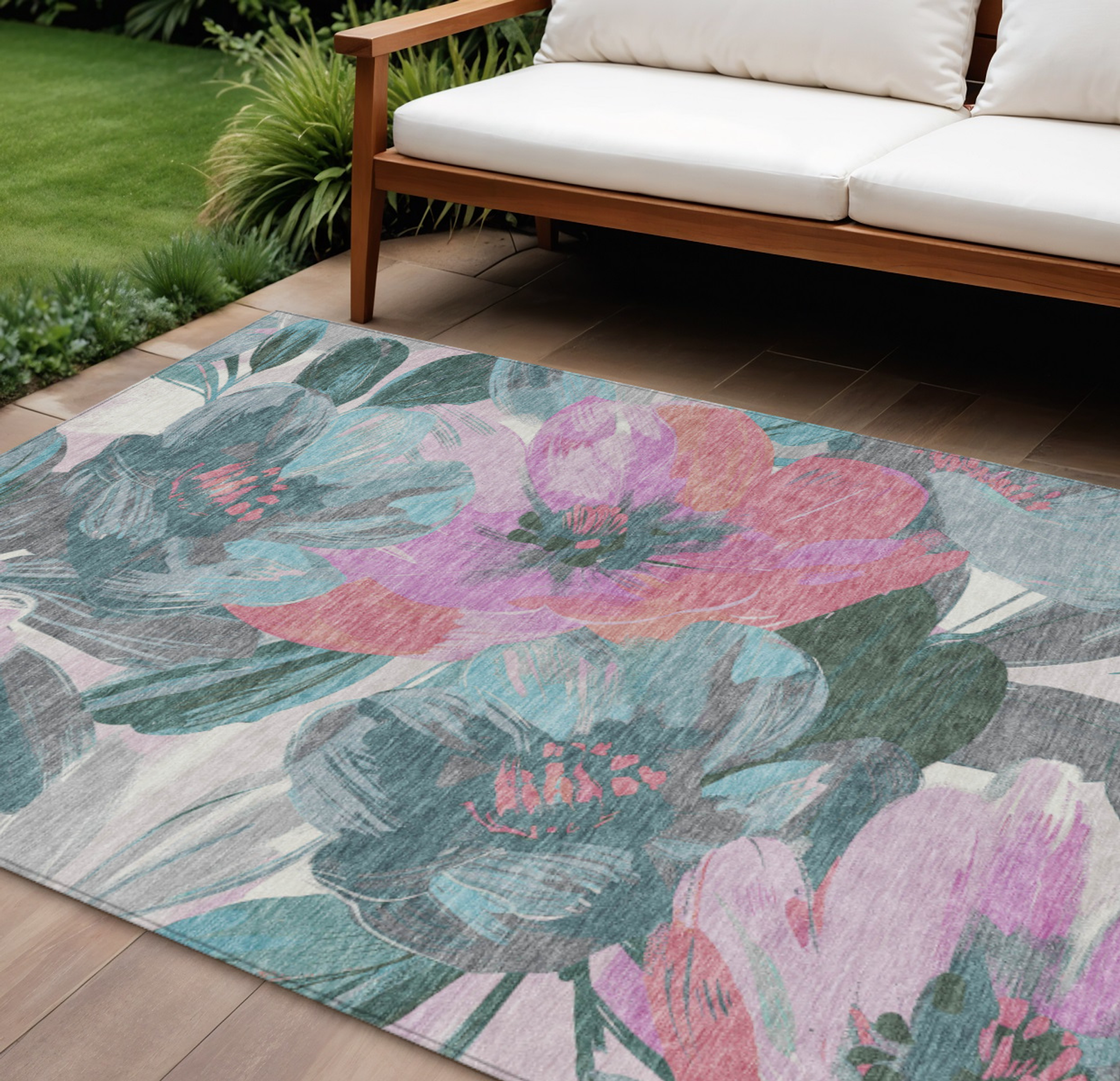 10' X 14' Teal Blue And Aqua Floral Washable Indoor Outdoor Area Rug - Sports & Outdoor
