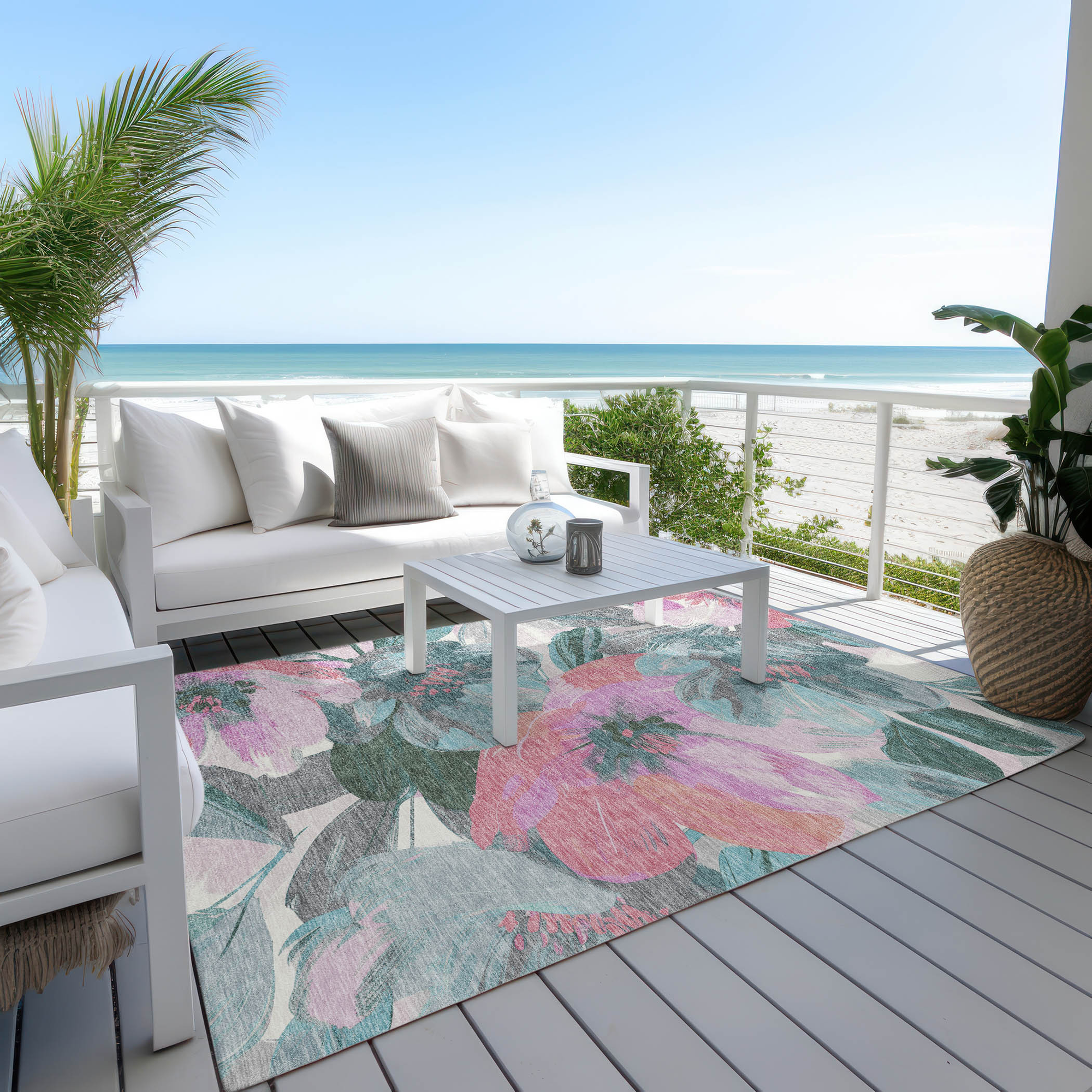10' X 14' Teal Blue And Aqua Floral Washable Indoor Outdoor Area Rug - Sports & Outdoor