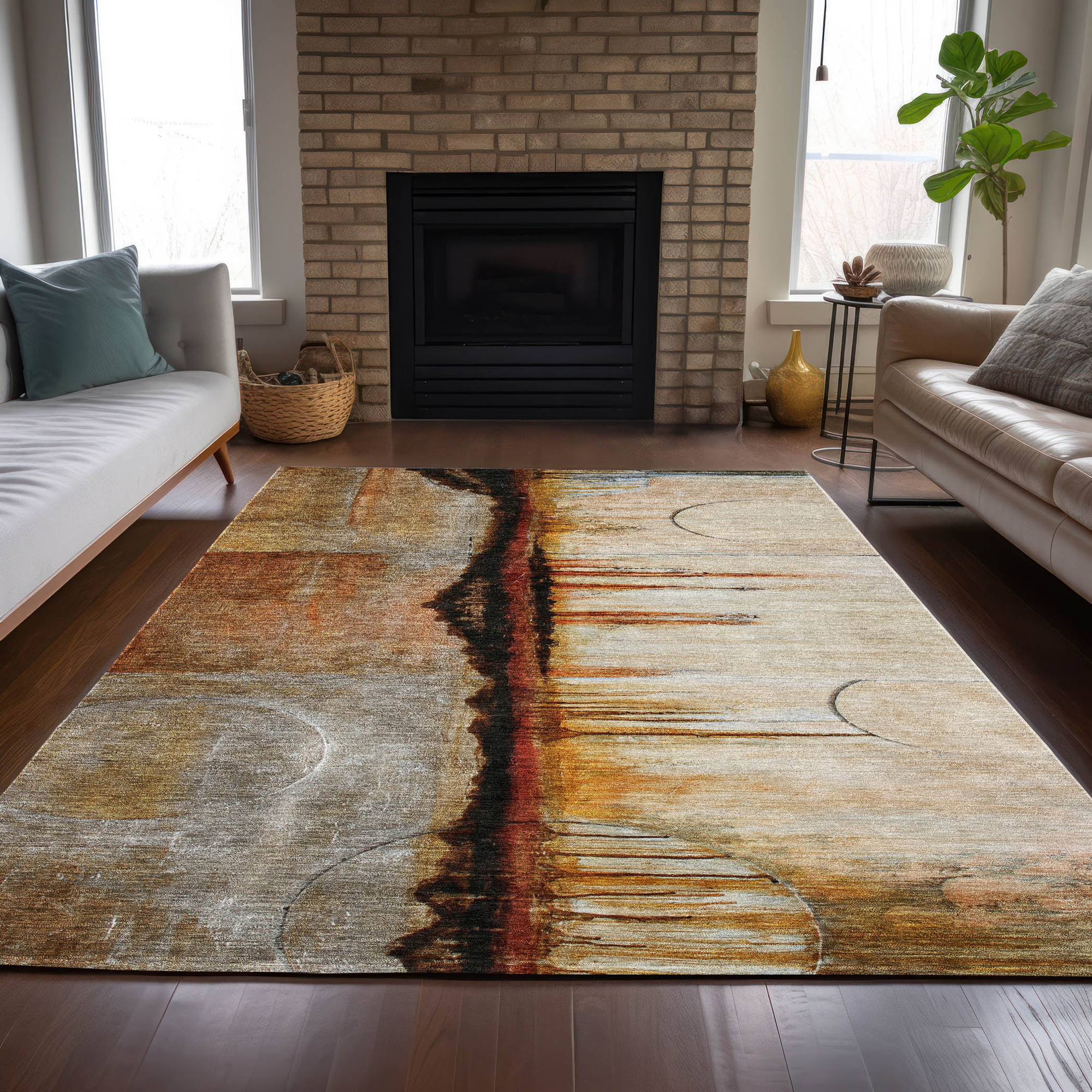 10' X 14' Rust And Charcoal Abstract Washable Indoor Outdoor Area Rug - Sports & Outdoor