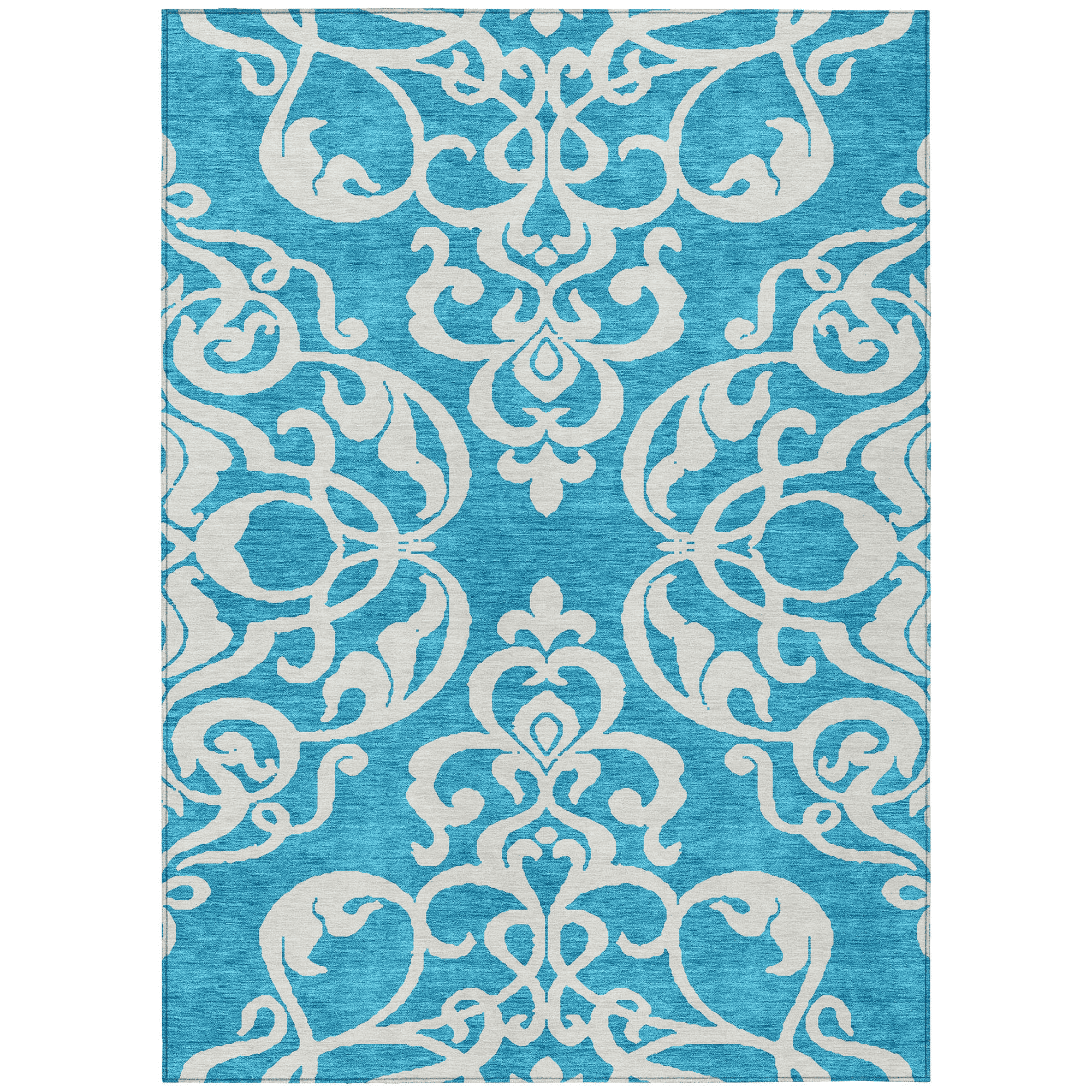 10' X 14' Turquoise And Ivory Damask Washable Indoor Outdoor Area Rug - Sports & Outdoor