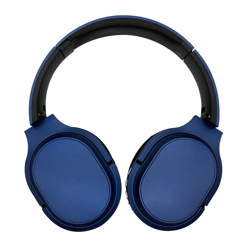 Navy Blue Bluetooth Headphone with black soft comfort padding & Chrome Silver Buttons with compact folding design Soundbound