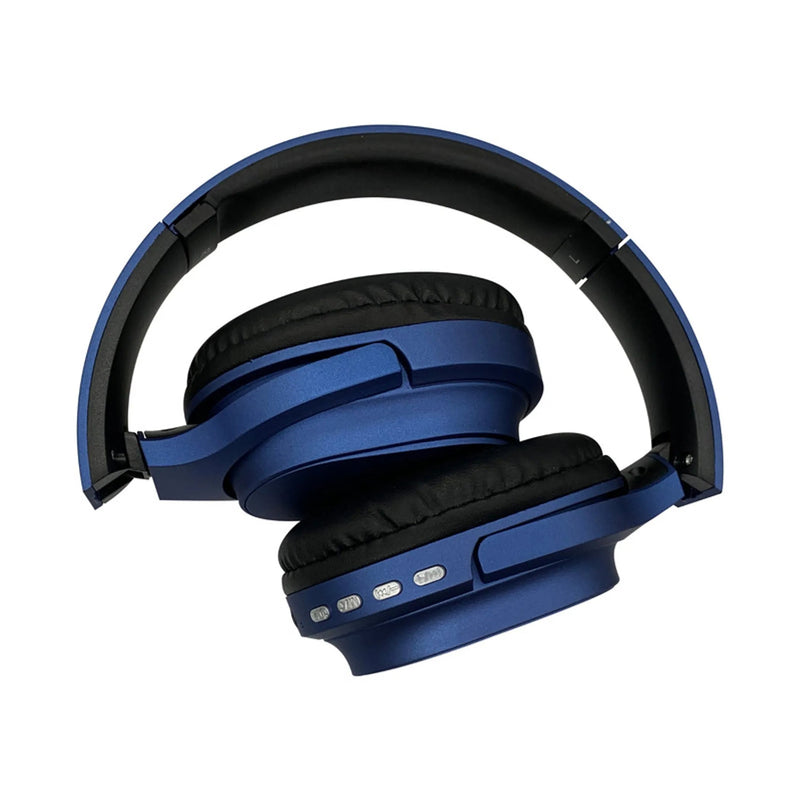 Navy Blue Bluetooth Headphone with black soft comfort padding & Chrome Silver Buttons with compact folding design Soundbound