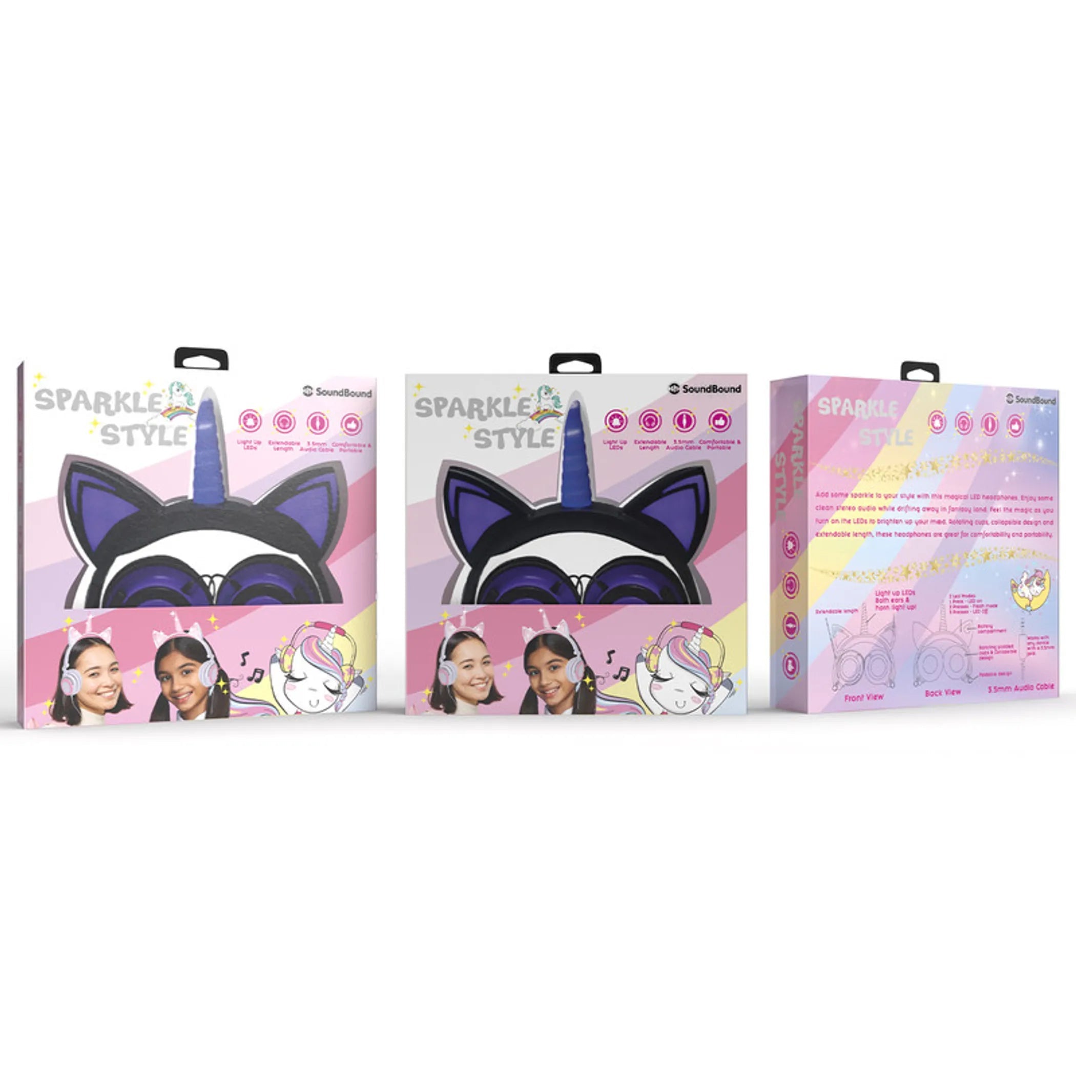 Sparkle-Style CAT Unicorn LIGHT UP LED Over Ear Wired Headphones- Black/Purple Soundbound