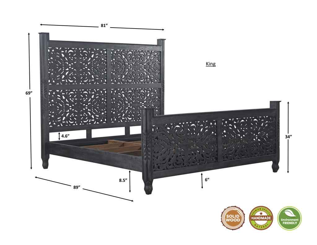 Three Piece Black Solid Wood Bedroom Set