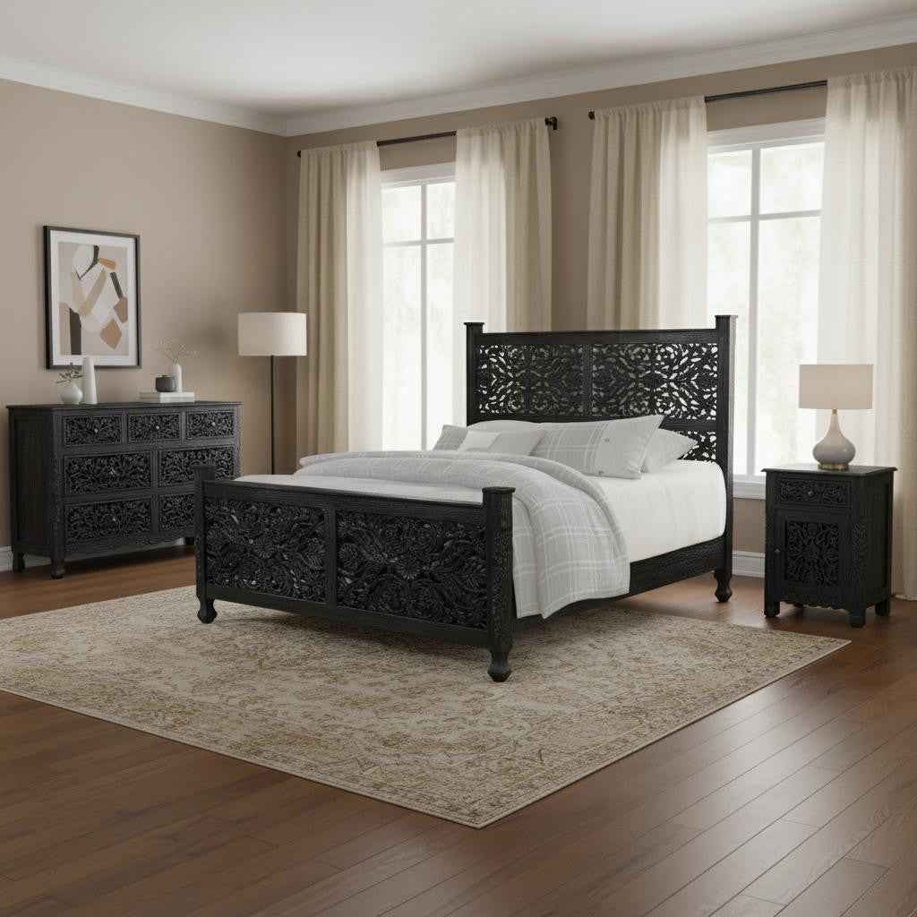 Three Piece Black Solid Wood Bedroom Set